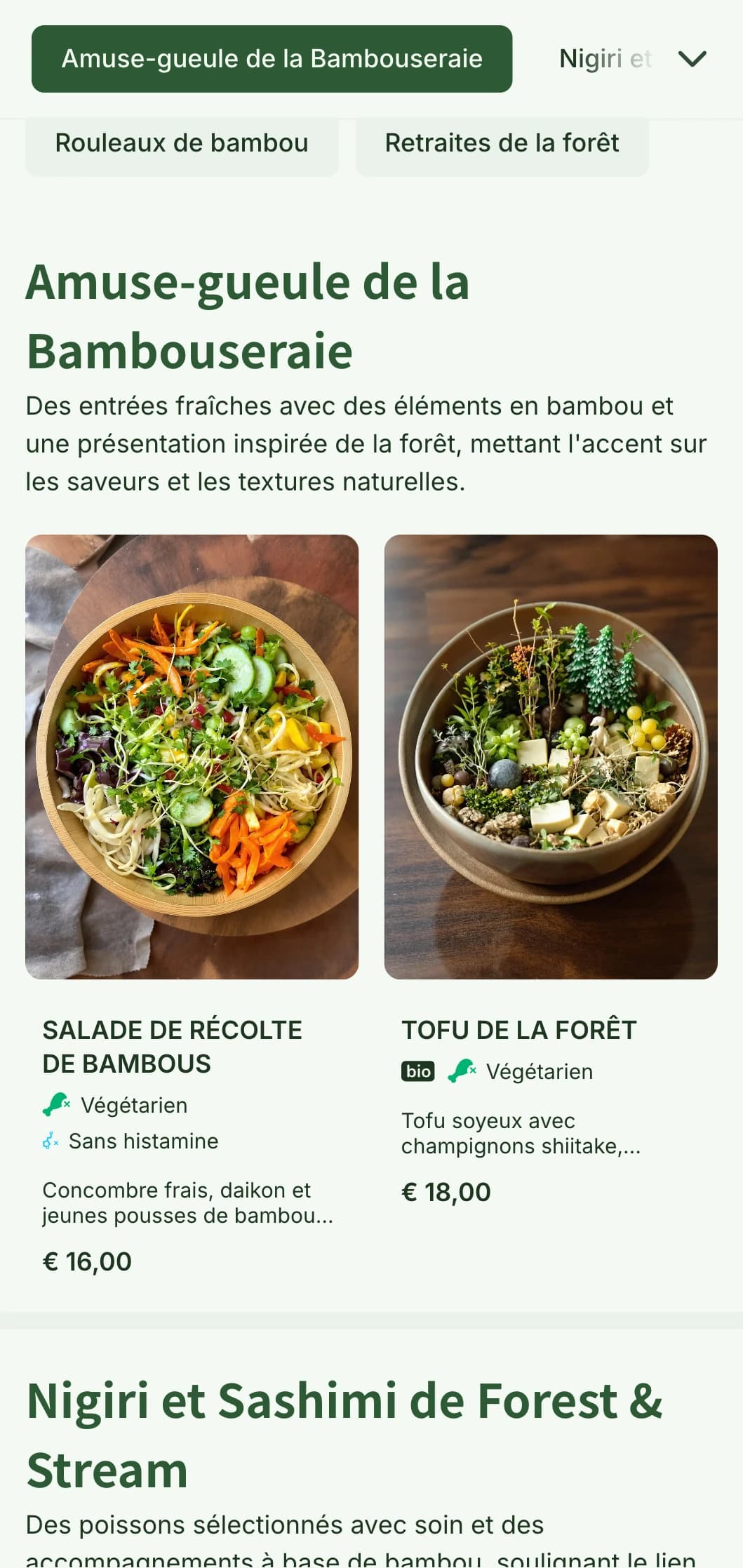 Carte de sushis naturelle, inspirée du bambou, avec des tons vert forêt et des éléments organiques pour des établissements authentiques.