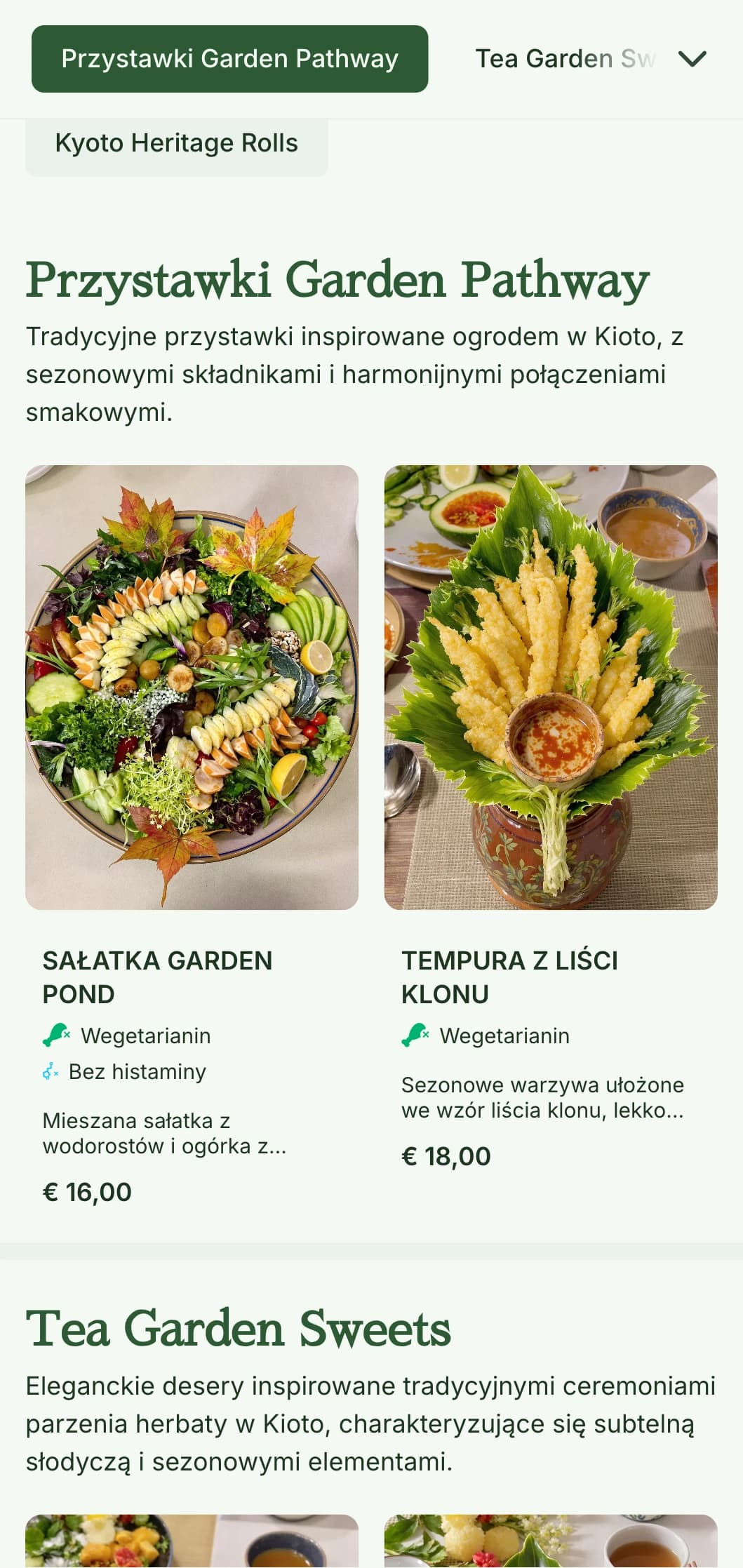 Tradycyjne menu sushi inspirowane japońskim ogrodem, w spokojnych odcieniach zieleni i z klasycznymi elementami.