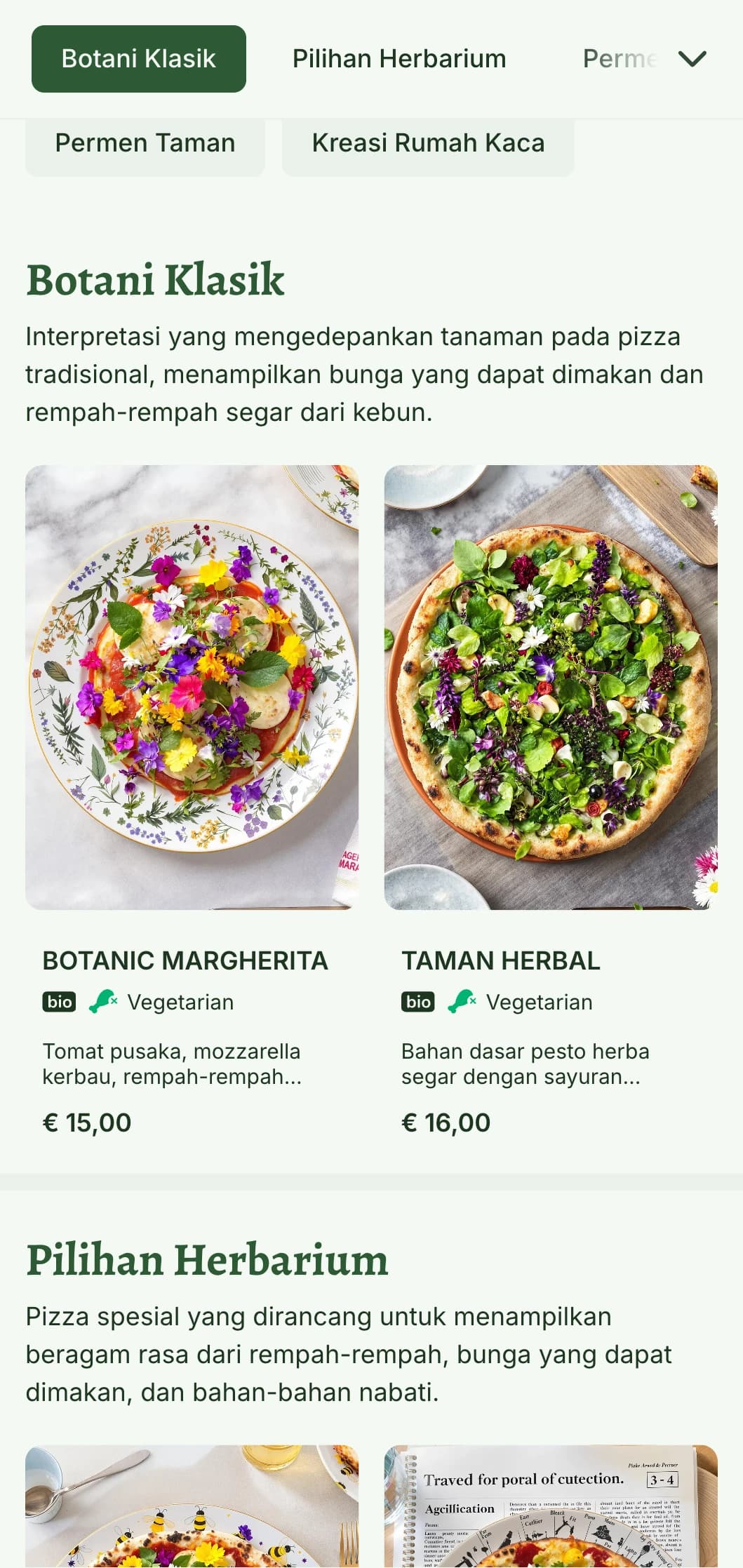 Menu pizza berbahan dasar tumbuhan dengan ilustrasi botani dan elemen desain alami.