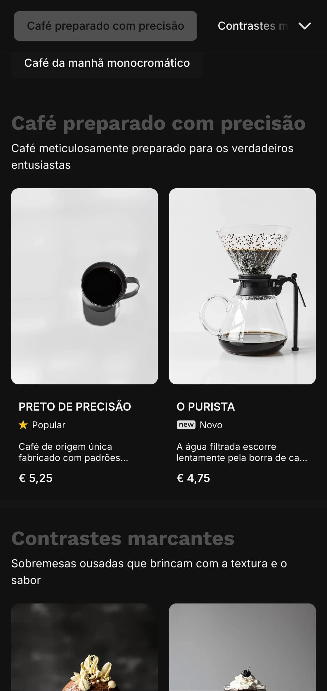 Design arrojado em preto e branco com tipografia forte para cafeterias especializadas.