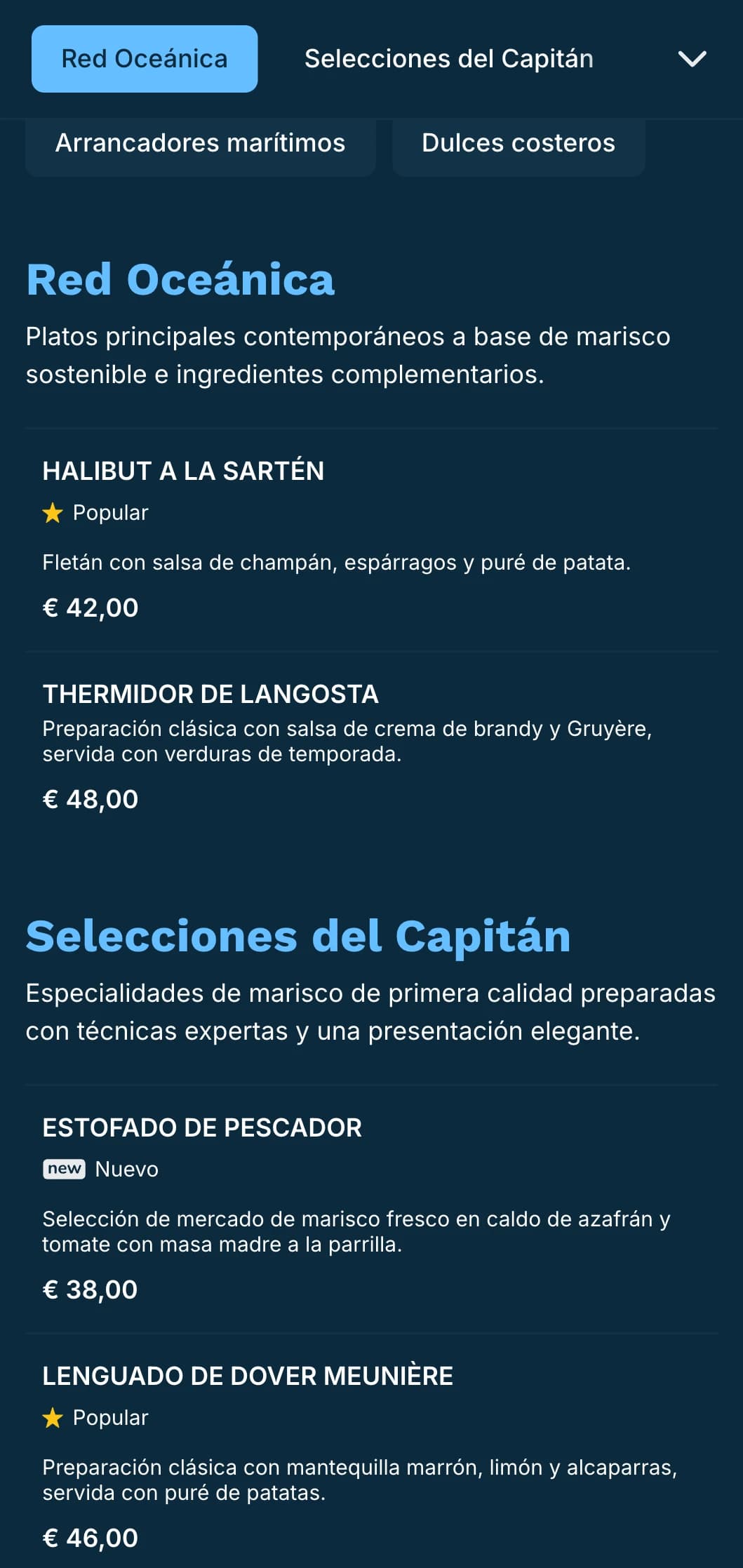 Un menú nítido en tonos azules con influencias náuticas, perfecto para marisquerías de lujo.