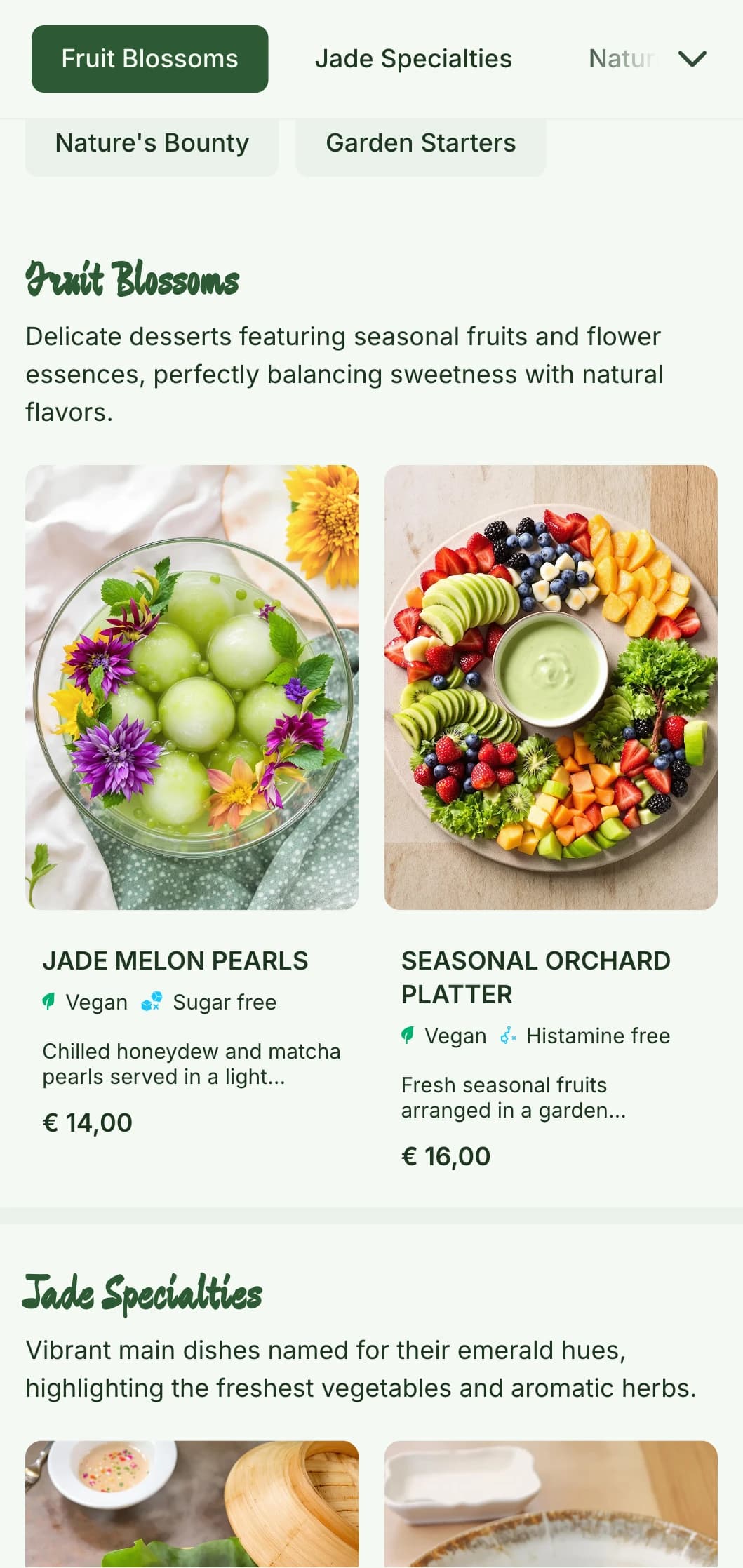 Fresh and vibrant Chinese menu design inspired by garden aesthetics, with jade accents and botanical elements perfect for farm-to-table Chinese cuisine.
