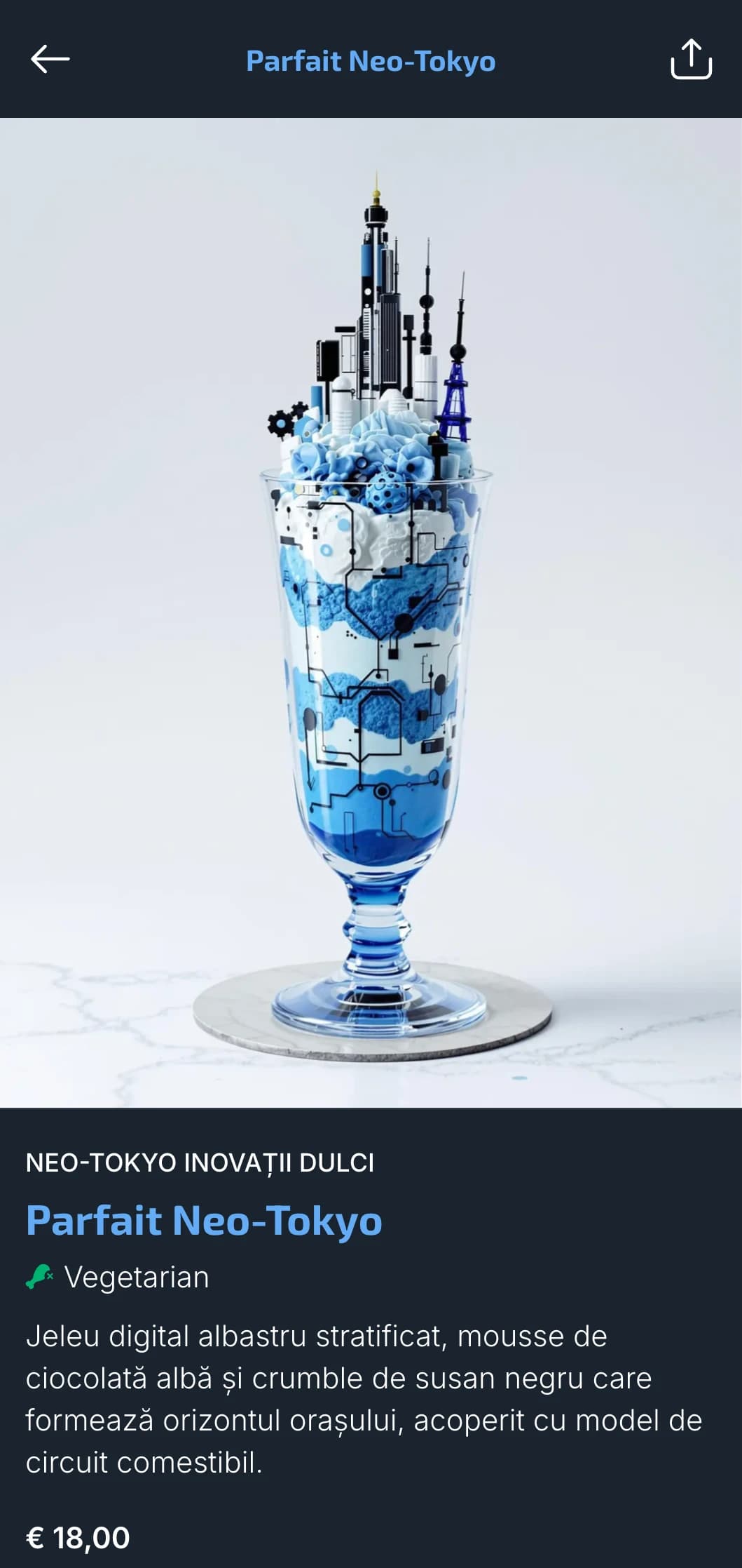 Meniu sushi futurist de inspirație Tokyo cu elemente digitale albastre pentru restaurante urbane contemporane.
