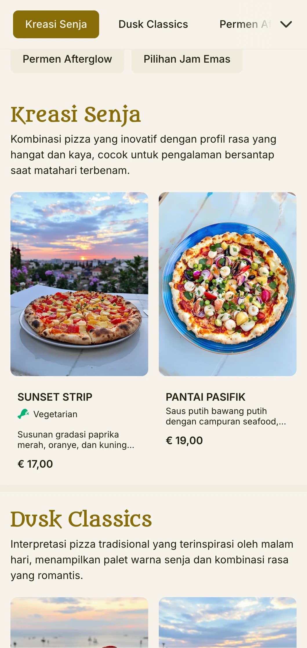 Menu pizza bertema malam hari yang semarak dengan palet warna matahari terbenam dan elemen romantis.