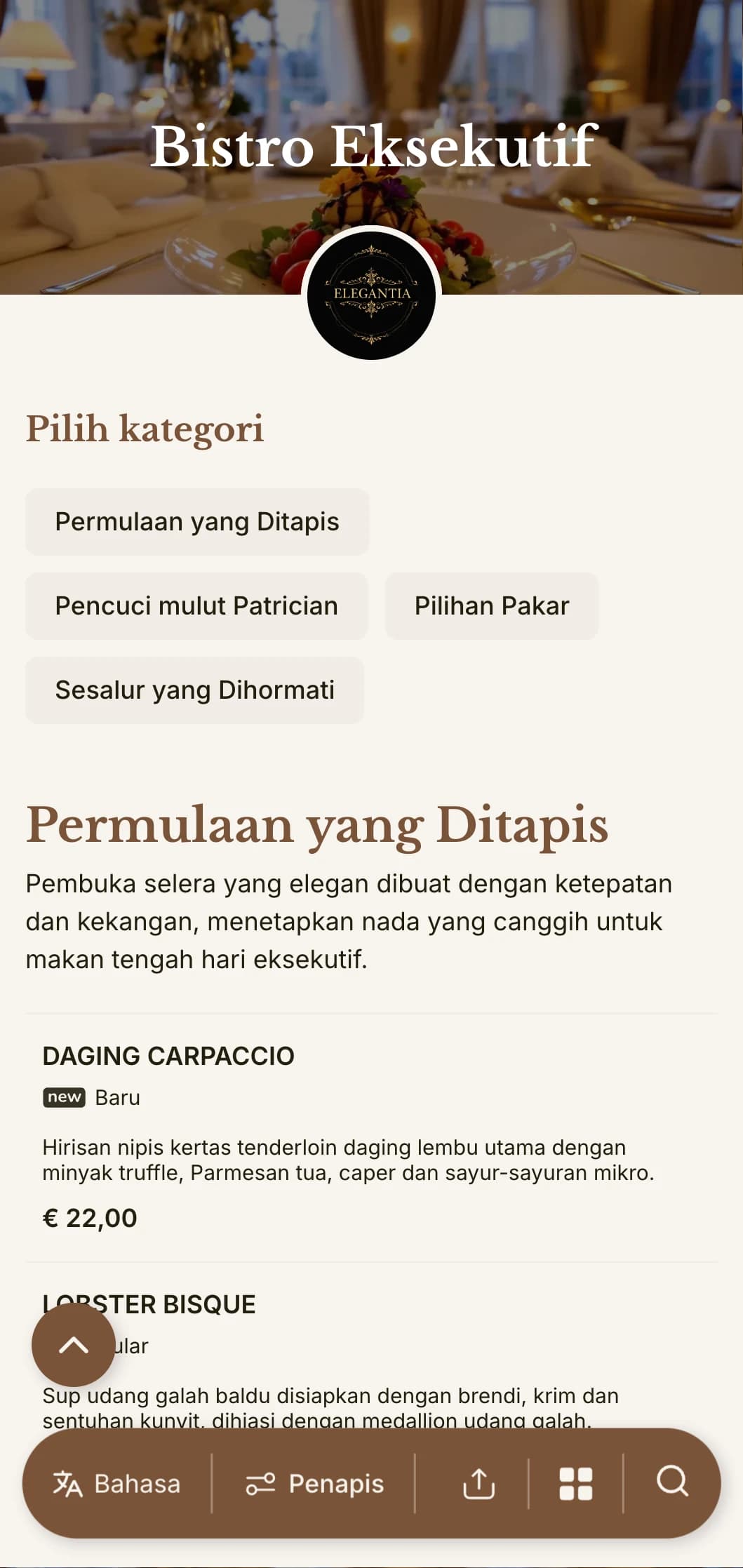 Reka bentuk menu makan tengah hari yang canggih dengan tipografi yang halus dan jarak yang elegan, disesuaikan untuk restoran hotel kelas atas dan bilik makan eksekutif yang berkhidmat untuk profesional perniagaan.