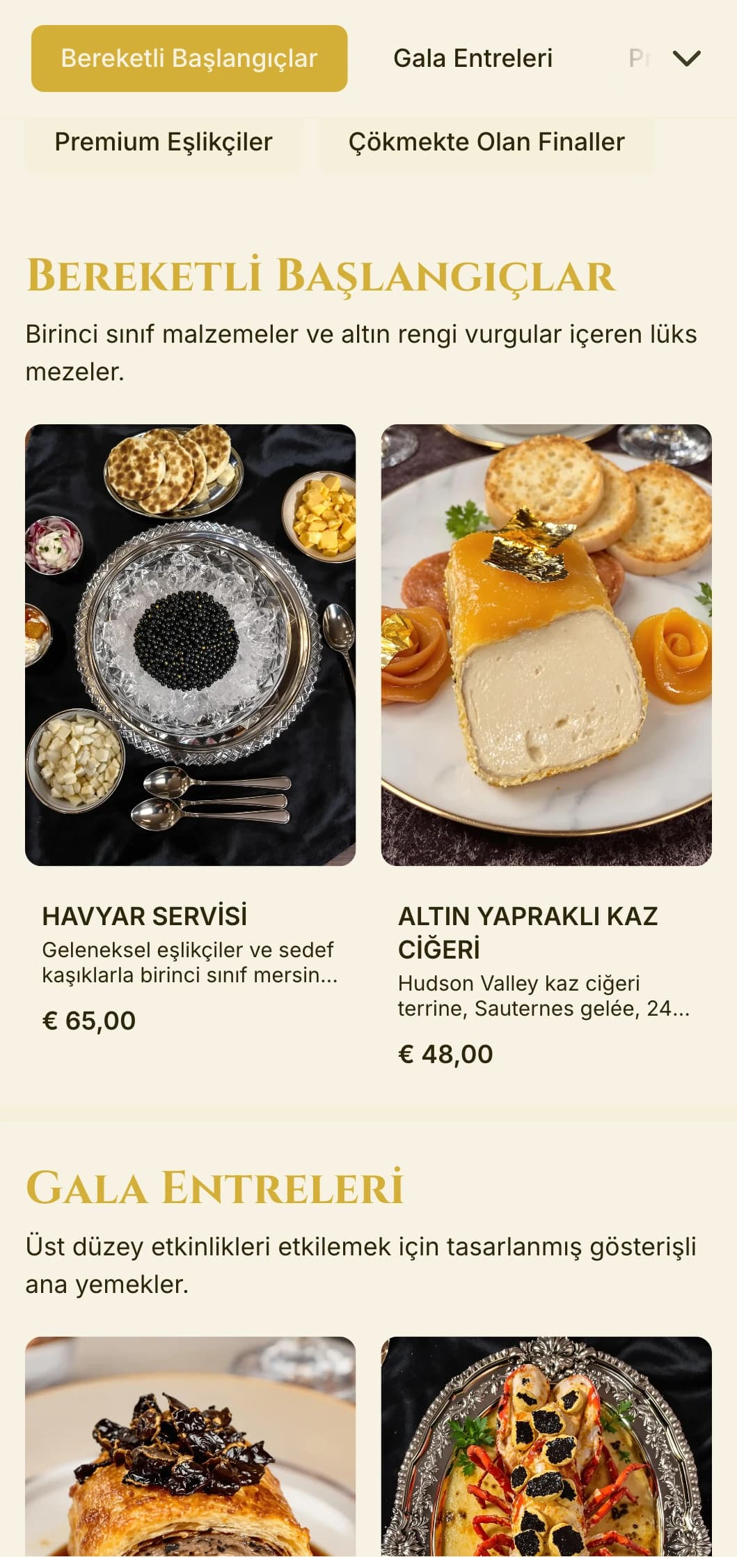 Üst düzey galalar ve lüks etkinlikler için birinci sınıf malzemeler, altın vurgular ve abartılı sunumlarla zengin catering hizmeti.