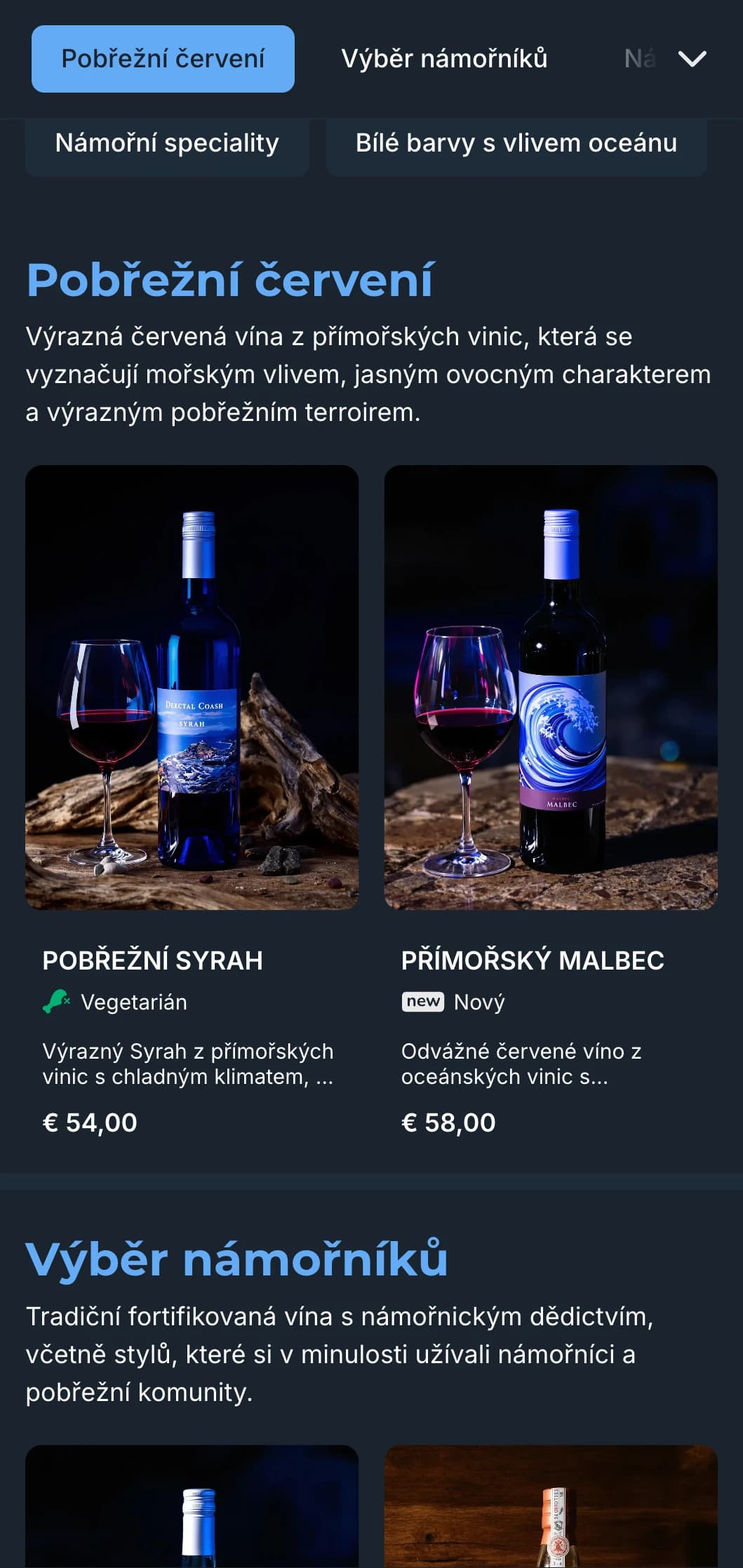 Tmavá šablona vinného lístku inspirovaná Středomořím se zářivě modrými akcenty, ideální pro večerní pobřežní restaurace a zážitky s vínem u moře.