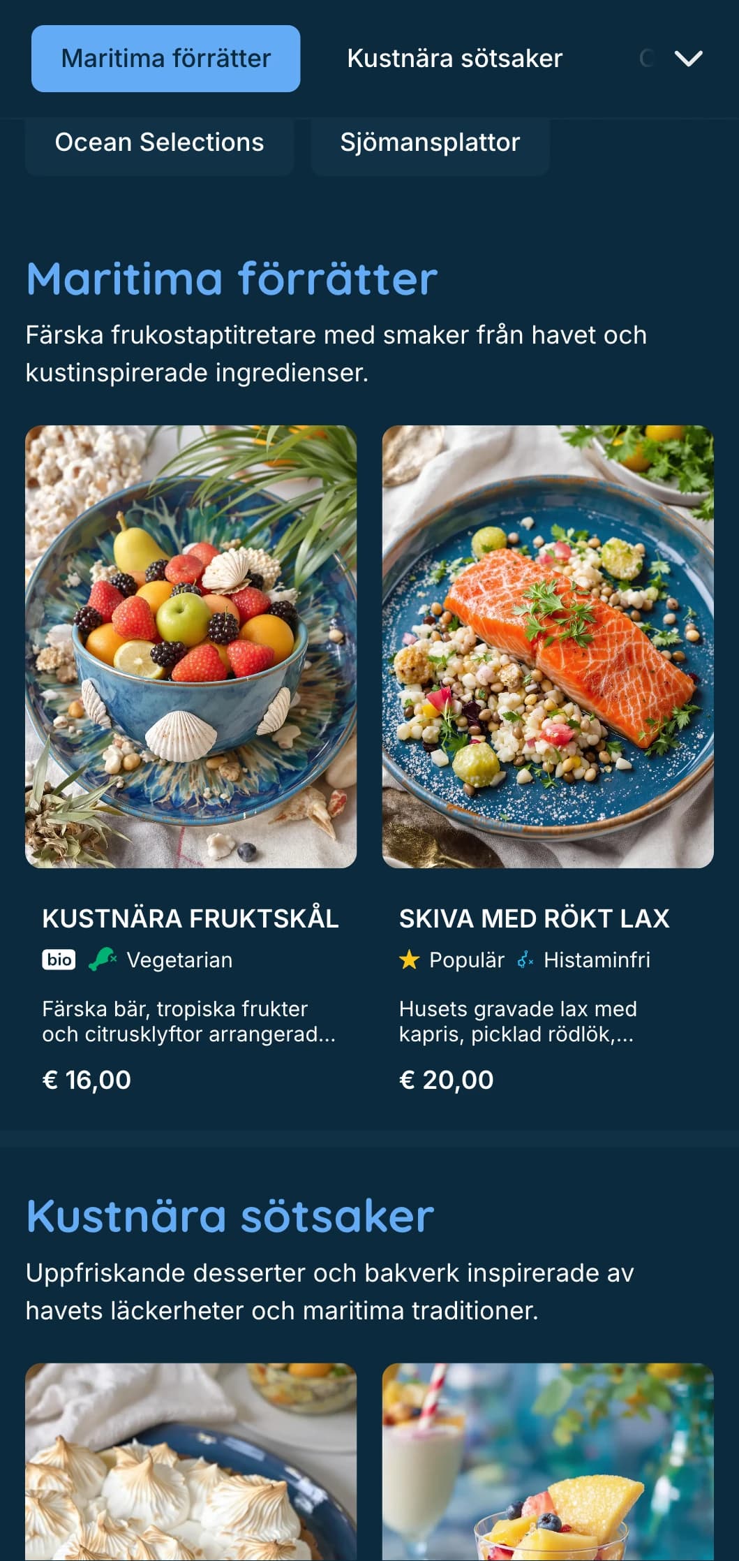 Fräsch, maritim brunchmall med djupblå toner, perfekt för skaldjursbruncher och strandnära anläggningar.