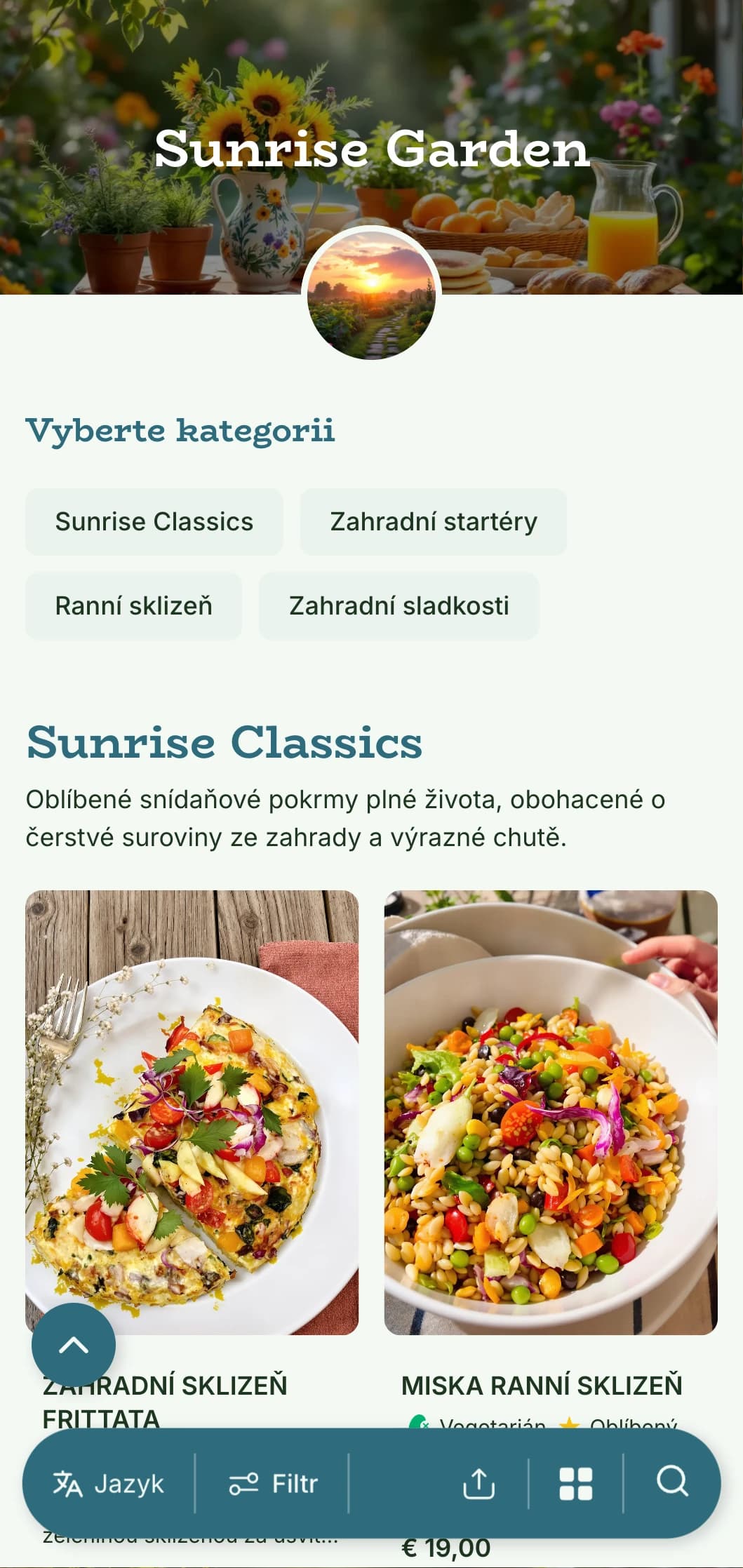 Čerstvá snídaně inspirovaná zahradou, která se skládá z ekologických surovin a živých prezentací s přírodními prvky.