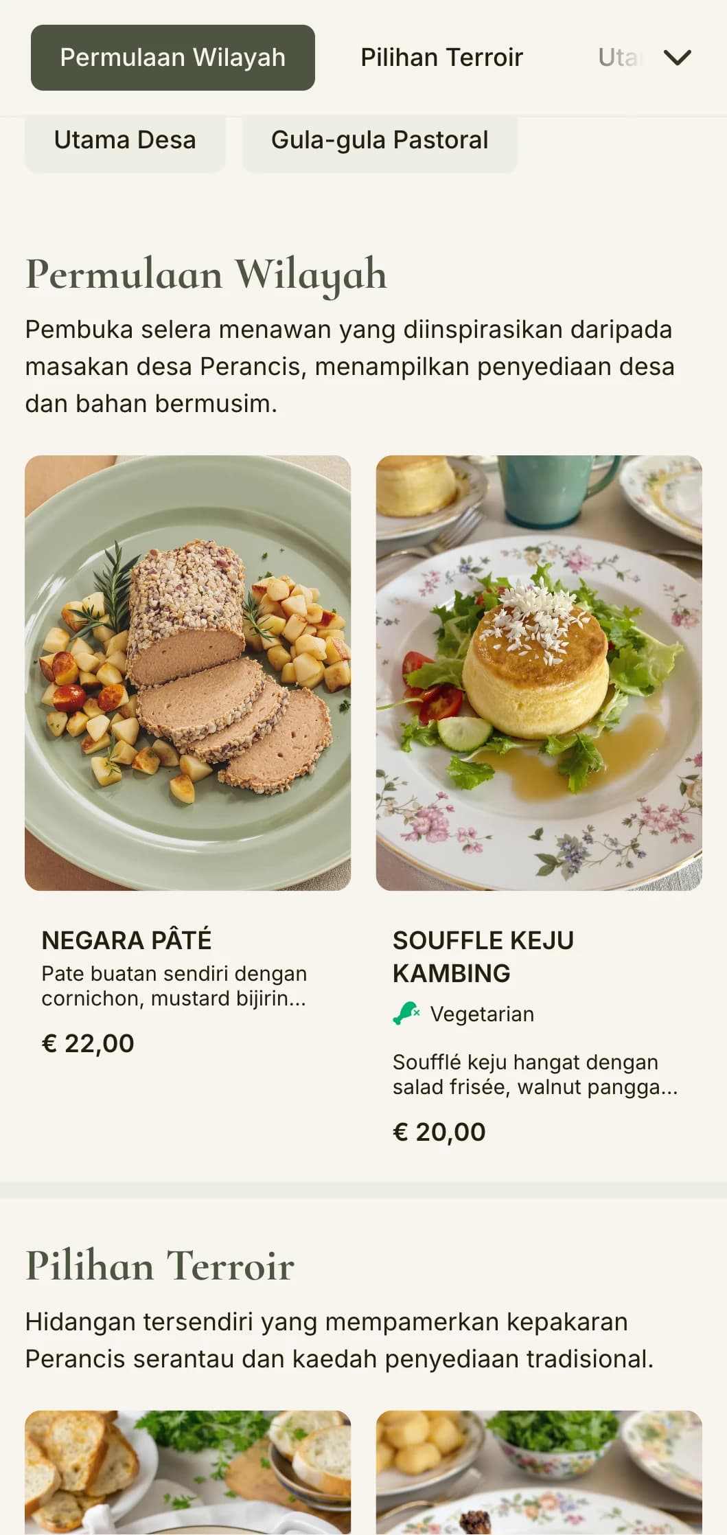 Menu makan malam yang menawan yang diilhamkan oleh estetika desa Perancis, menampilkan rona hijau bijak dan keanggunan desa.