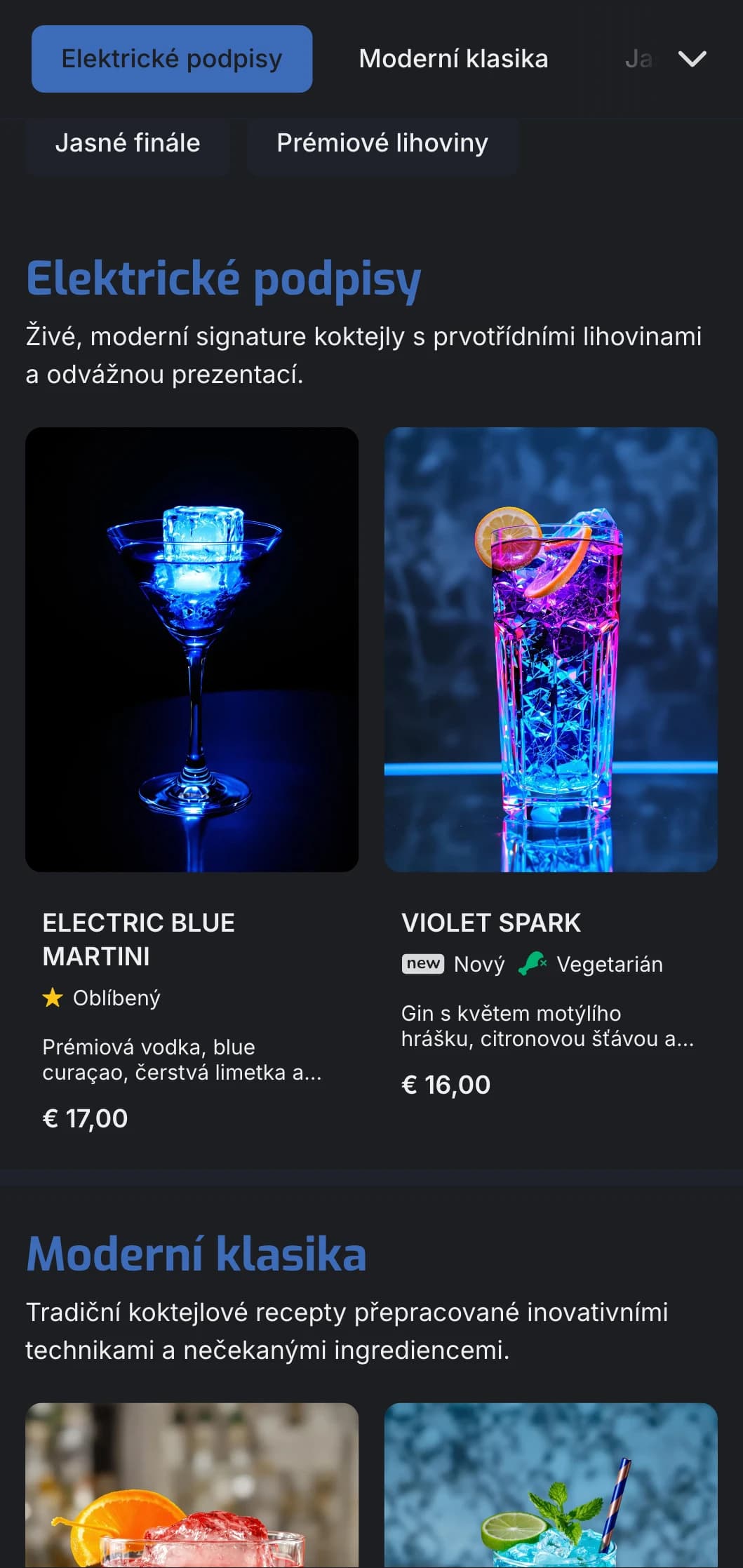 Živý, moderní design pro moderní koktejlové bary a salónky s elektrickými modrými akcenty a čistou typografií.