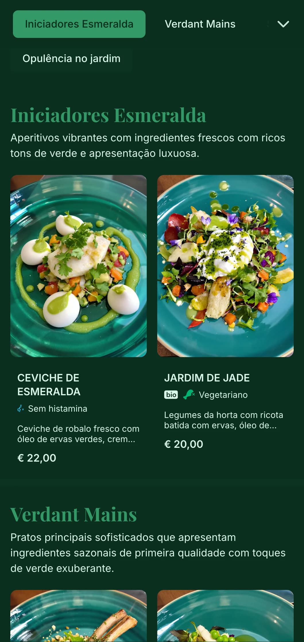 Conceito de luxo com tema verde, rico e vibrante, inspirado em esmeraldas preciosas e jardins exuberantes.