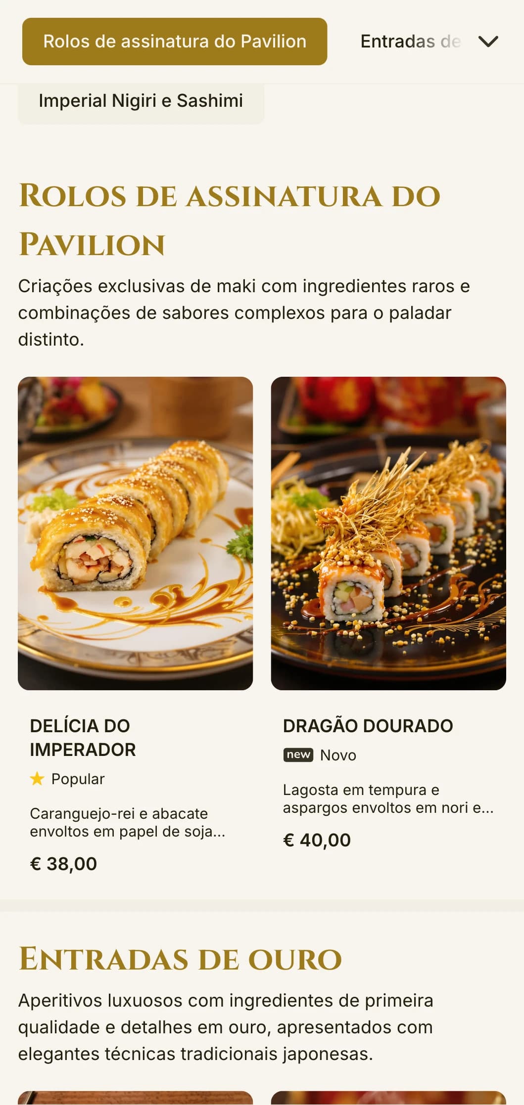 Luxuoso menu de sushi com detalhes em dourado, inspirado no famoso templo de Kyoto, com tipografia elegante e elementos tradicionais.