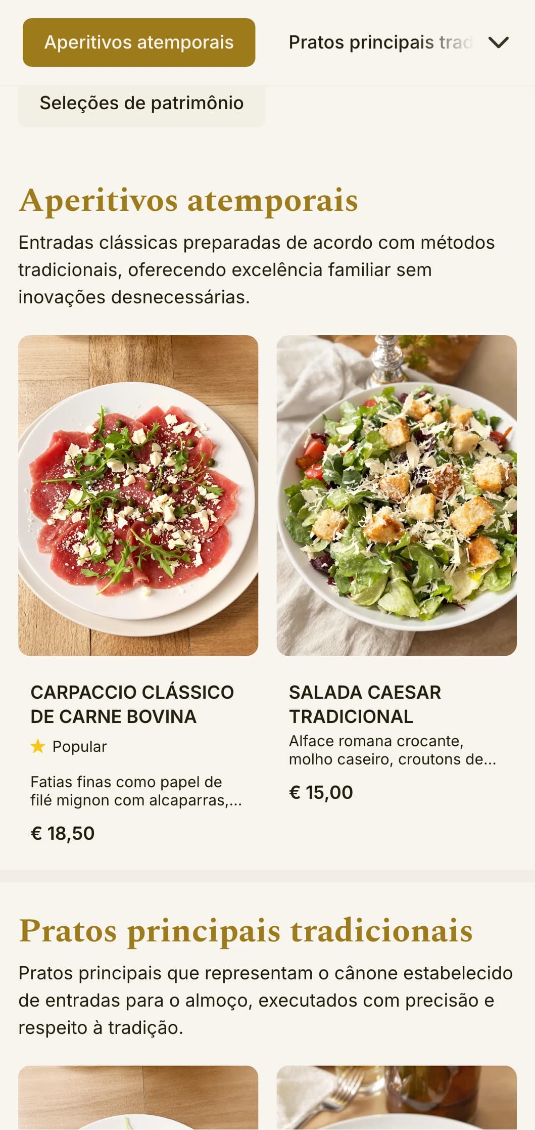 Design elegante e atemporal de cardápio de almoço com tipografia equilibrada e espaçamento refinado, adequado para restaurantes tradicionais com reputação estabelecida.