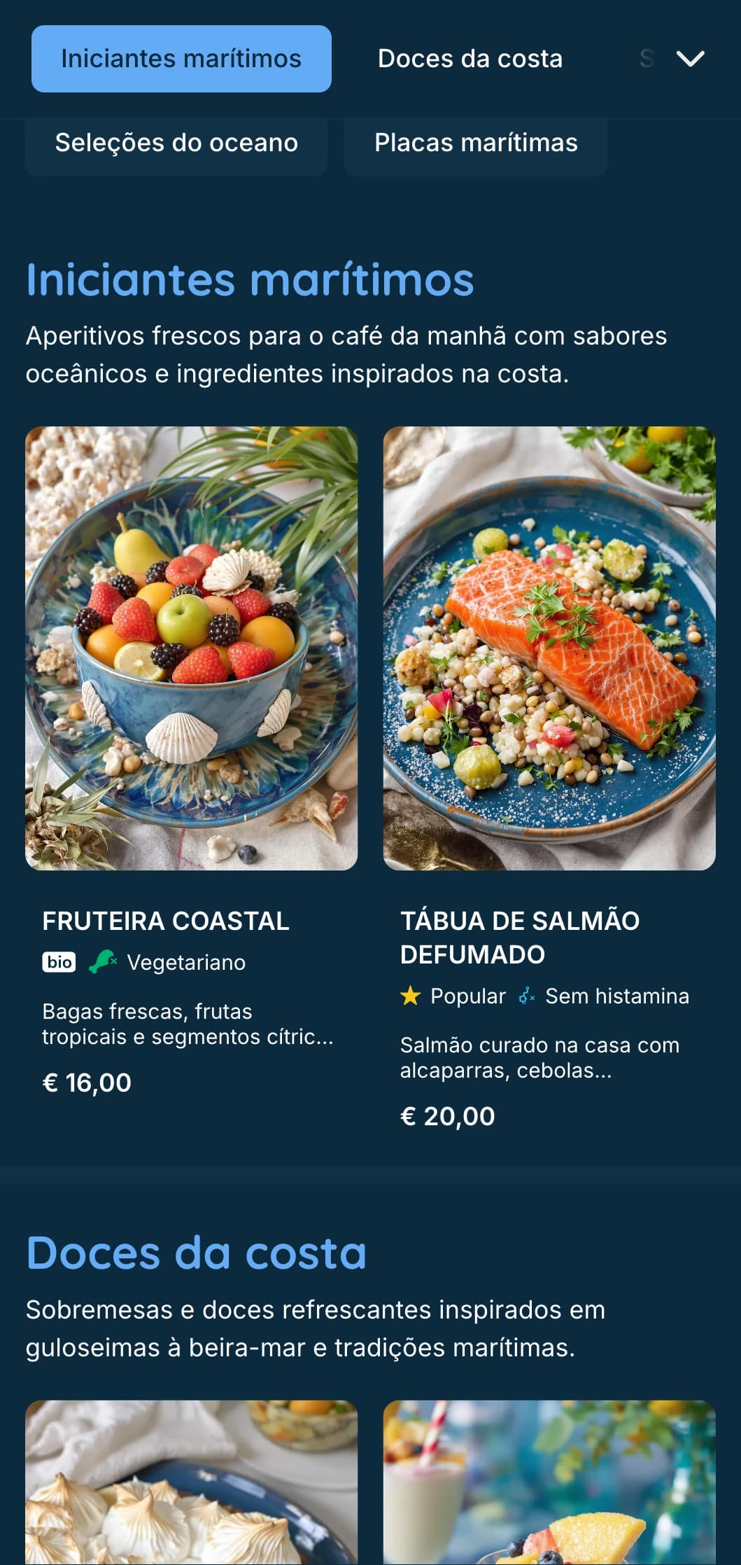 Modelo de brunch fresco e marítimo com tons de azul profundo, ideal para brunches com frutos do mar e estabelecimentos à beira-mar.