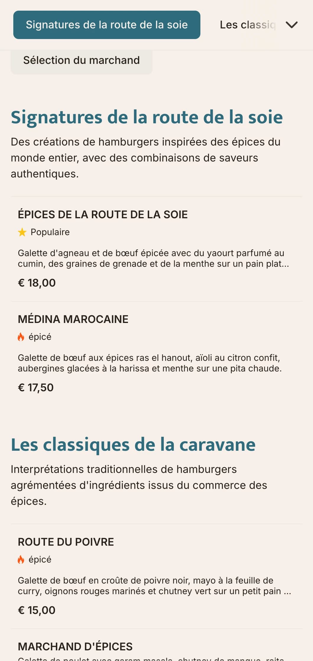 Menu de hamburgers inspiré du commerce des épices, avec des profils de saveurs mondiales et des références historiques.