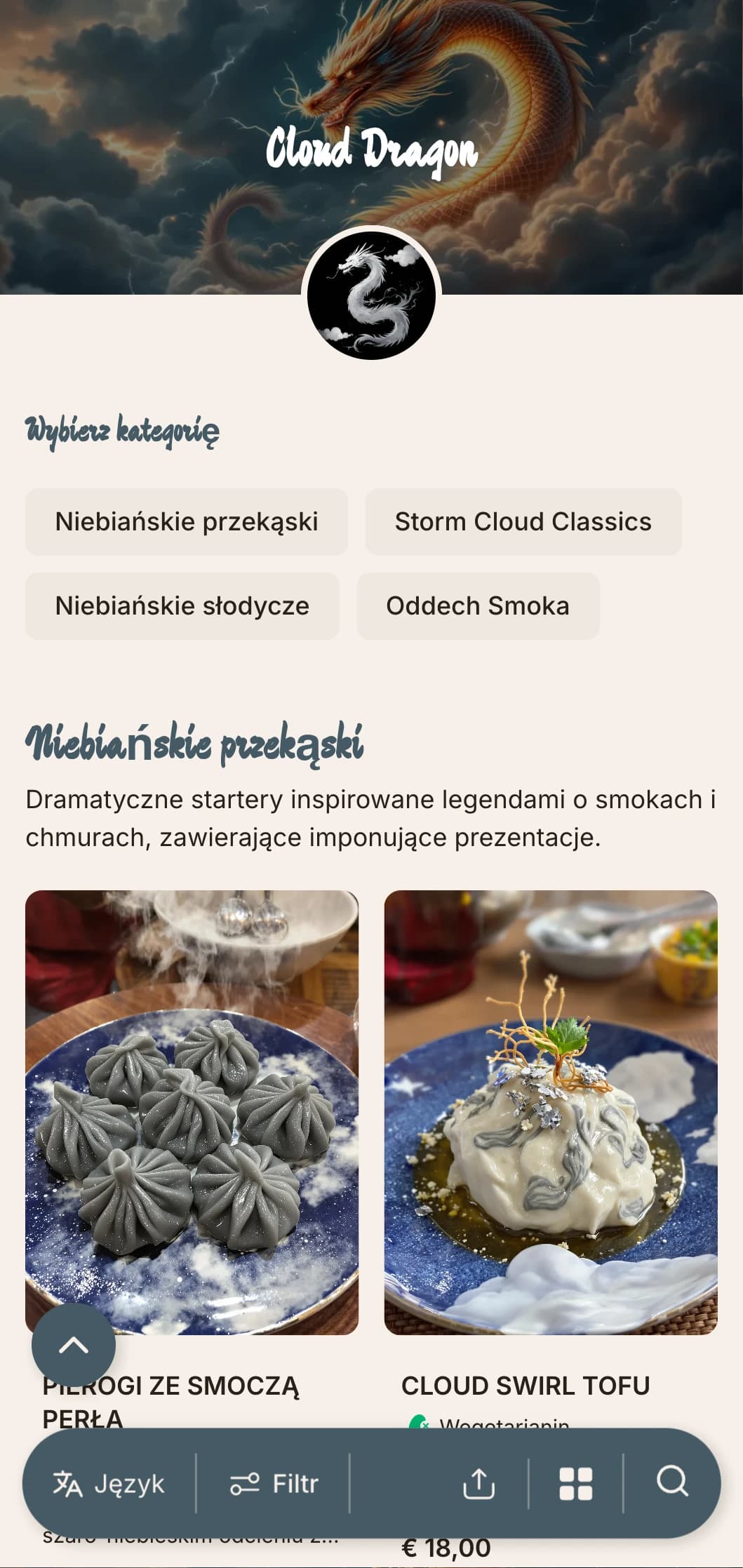 Dramatyczny projekt chińskiego menu z motywami chmur i smoków, z mocnymi elementami autentycznej kuchni cesarskiej.