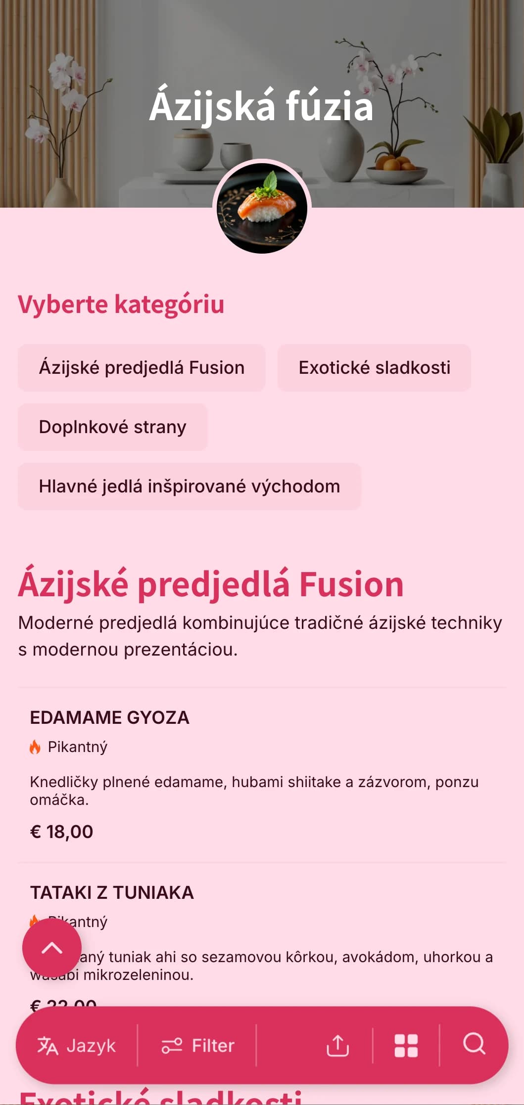 Moderný catering inšpirovaný ázijskou kuchyňou, ktorý kombinuje tradičné techniky s modernou prezentáciou pre moderné podujatia a medzinárodné stretnutia.