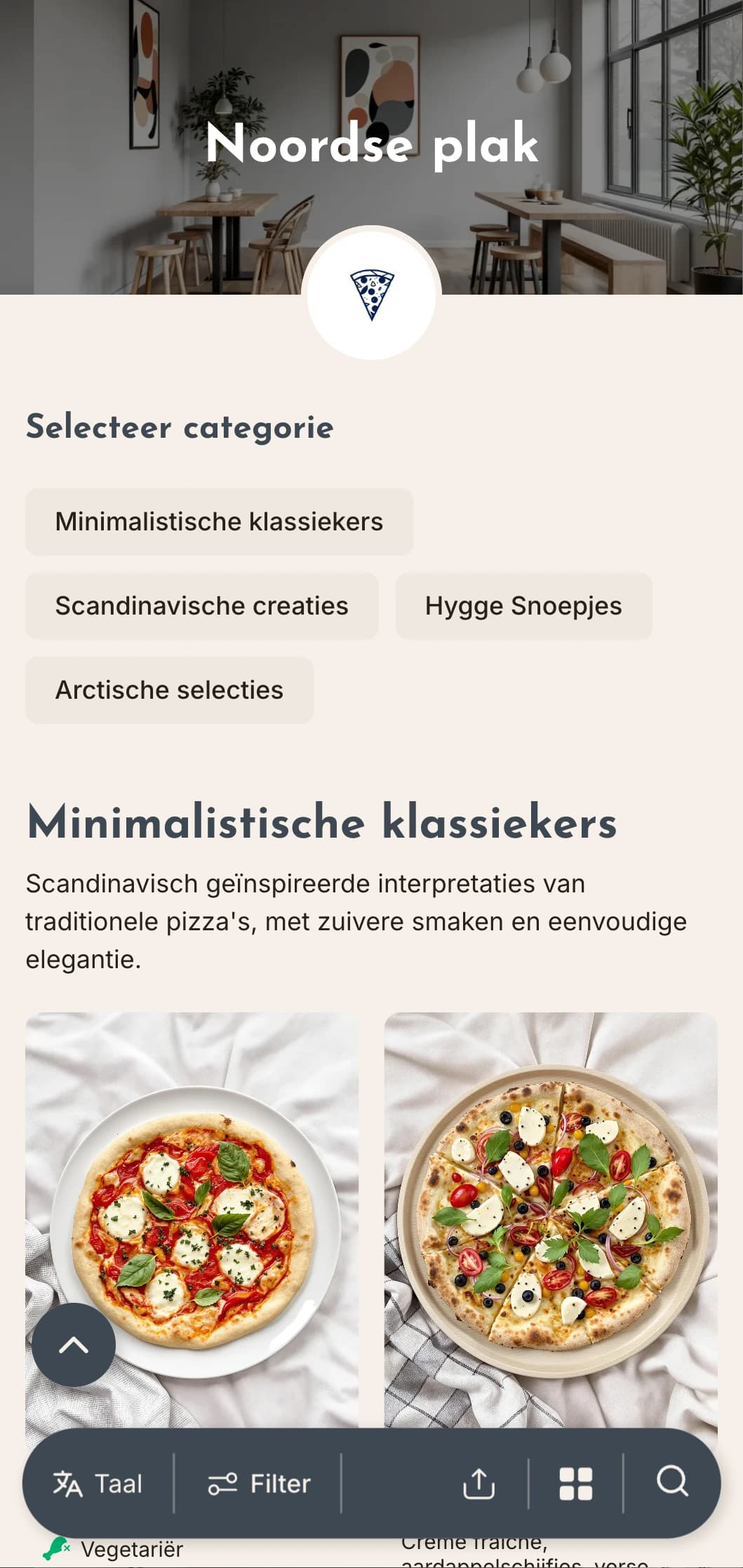 Scandinavisch geïnspireerd pizzamenu met een strak, minimaal ontwerp en functionele esthetiek.