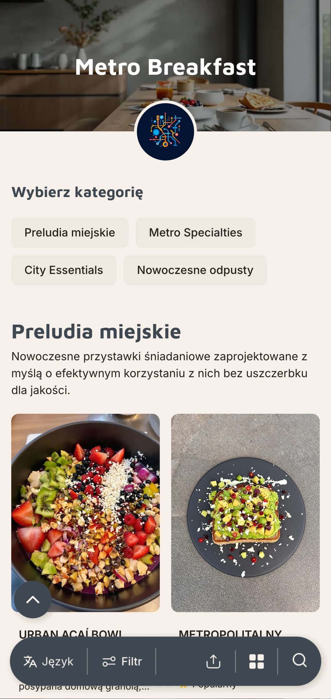 Inspirowane miastem poranne dania z międzynarodowymi wpływami i współczesną prezentacją dla kosmopolitycznych gości.