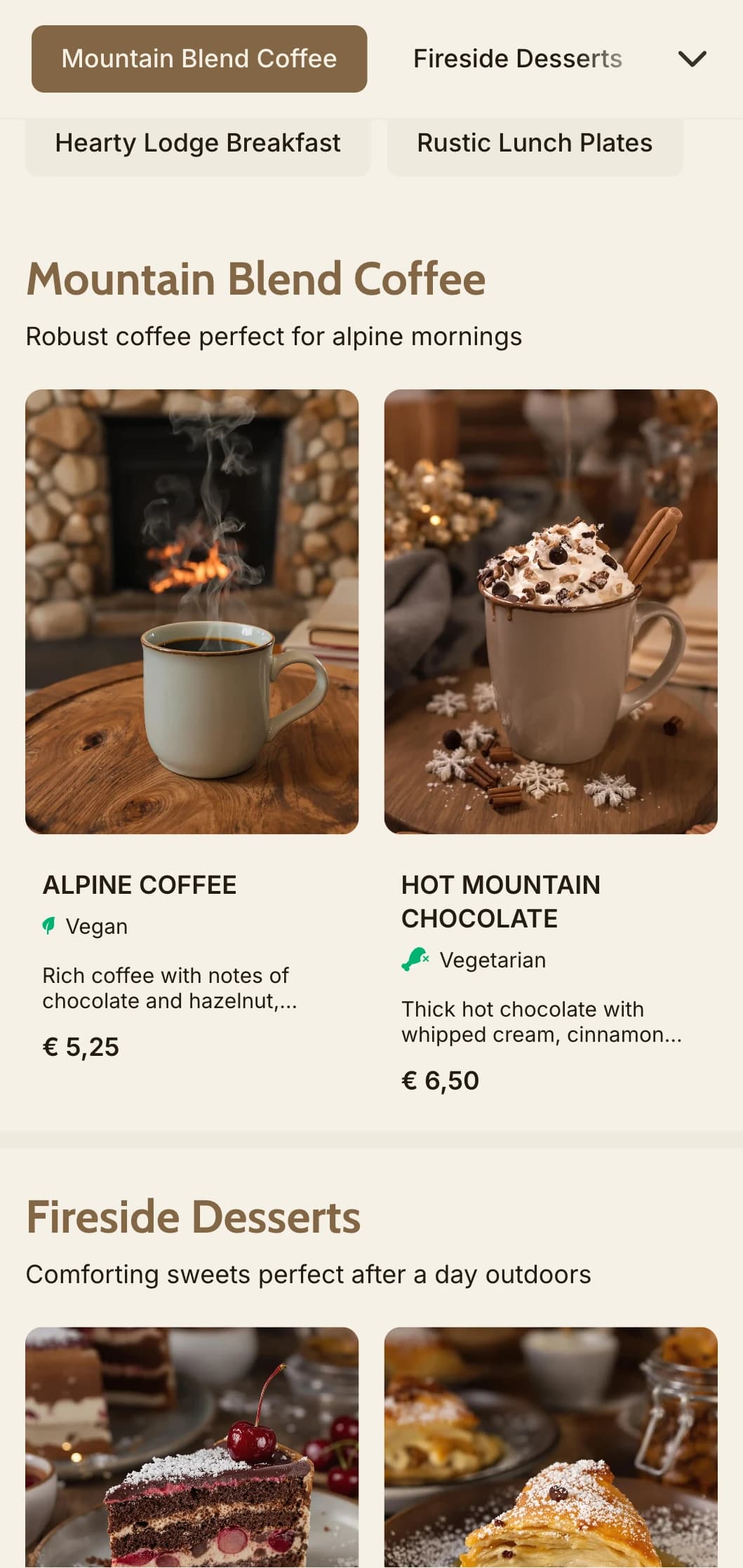 Cozy wood-inspired design with mountain elements for alpine cafes and lodge eateries.