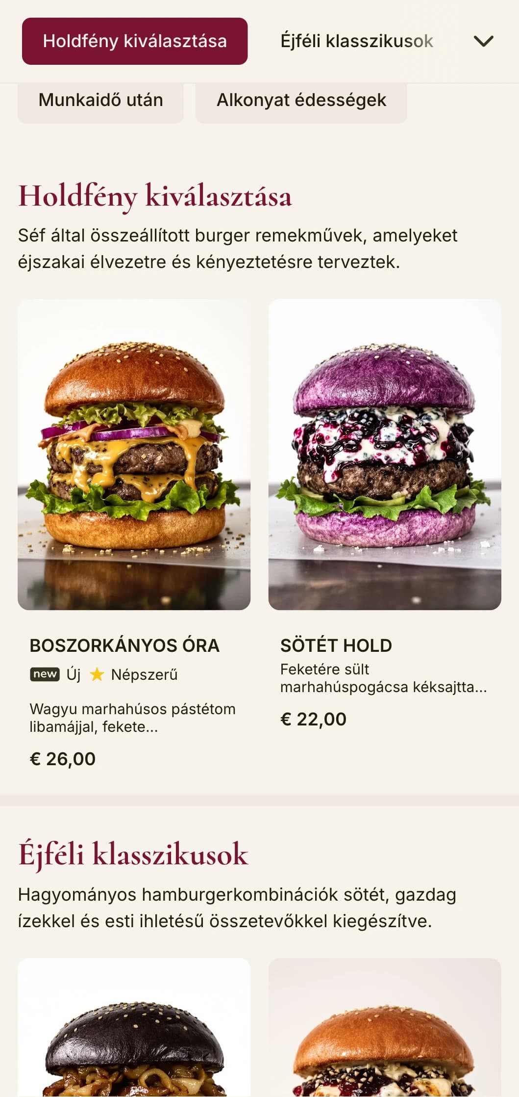 Késő esti prémium burger lounge, sötét bársony és titokzatos hangulat.