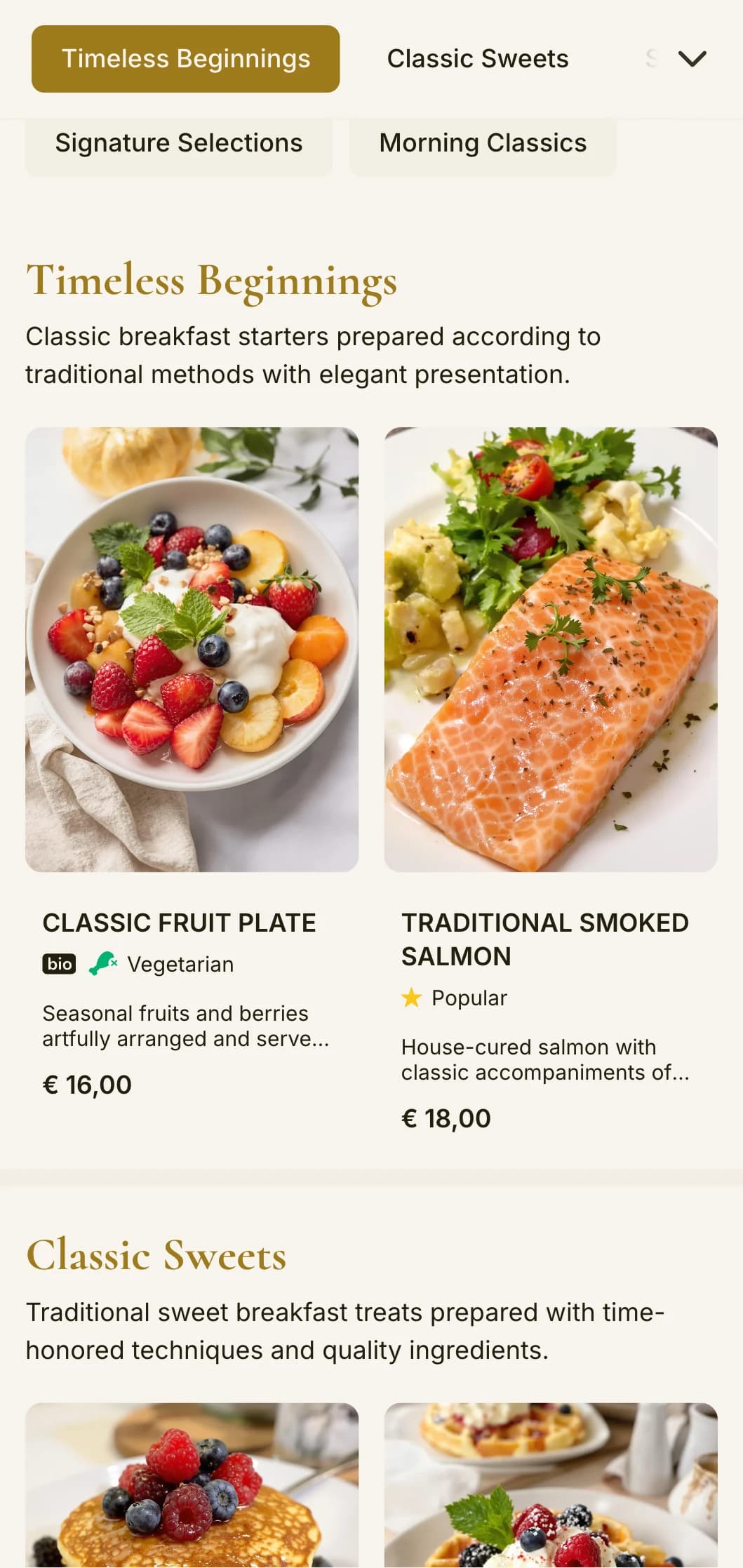 Elegant breakfast classics presented with refined attention to detail and traditional service elements.