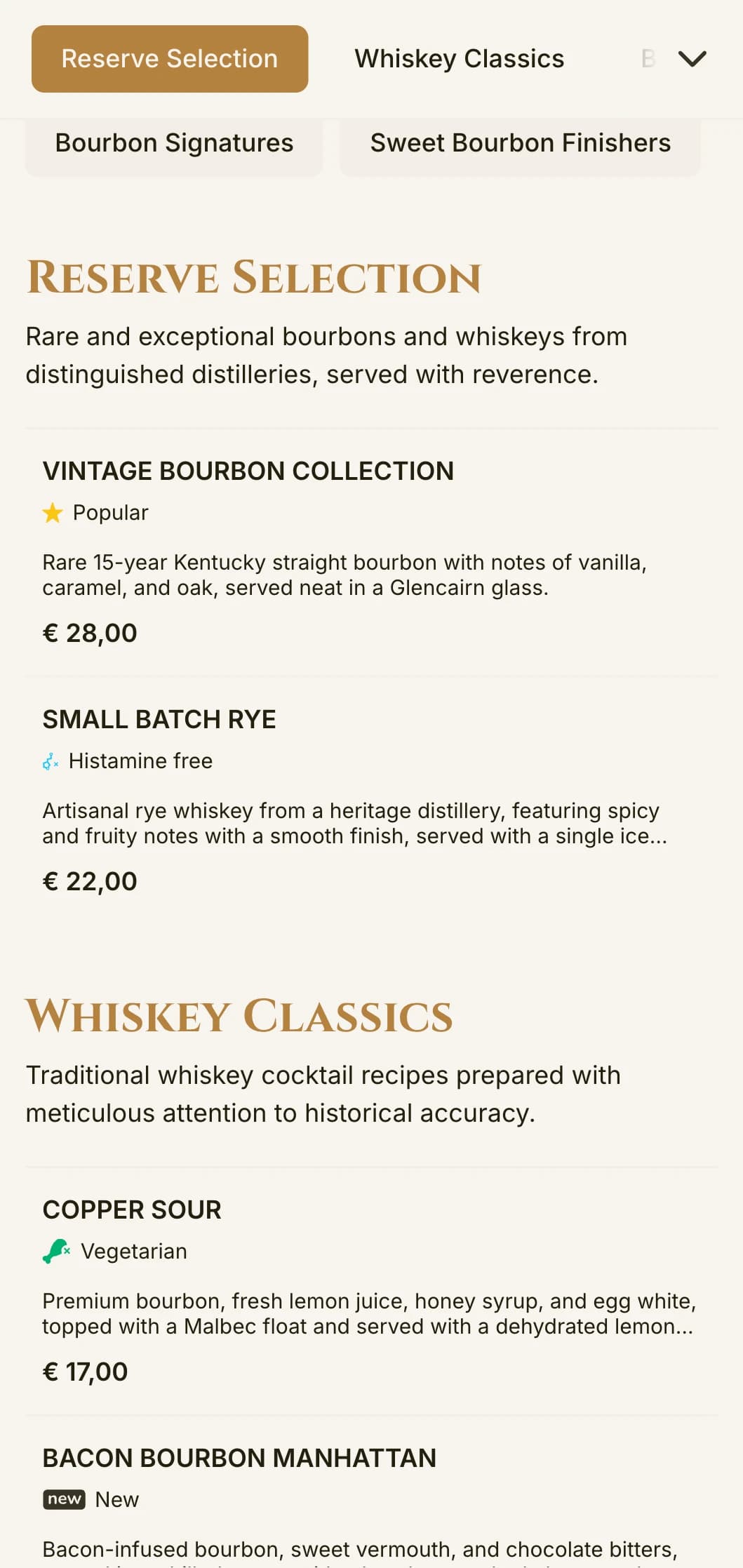An elegant, refined design for bourbon bars and whiskey lounges featuring vintage typography and warm amber accents.