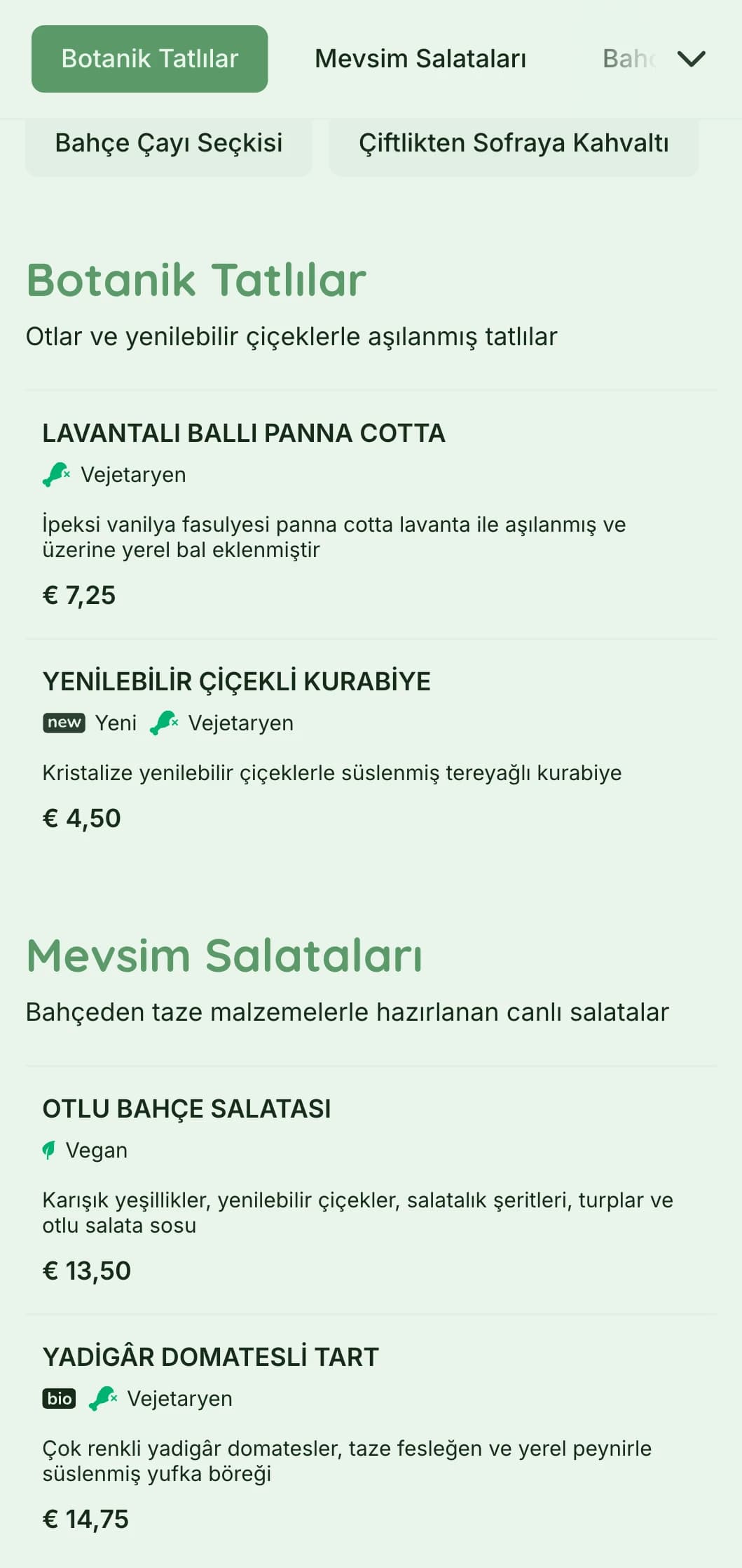 Bahçe kafeleri ve organik lokantalar için botanik unsurlar içeren canlı yeşil tasarım.