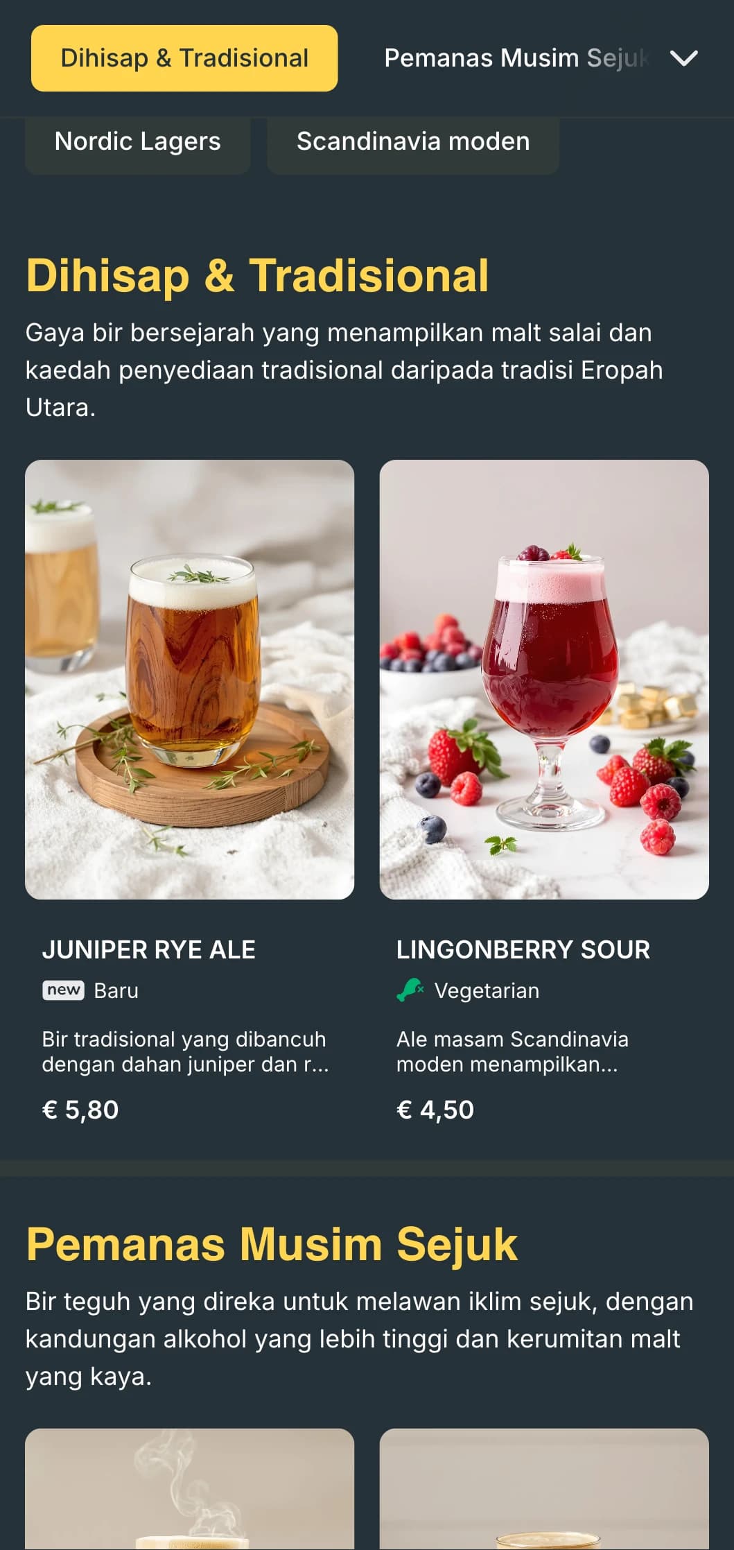 Reka bentuk berinspirasikan Scandinavia yang bersih dan minimalis dengan rona sejuk dan susun atur yang ringkas dan berfungsi untuk dewan bir moden.