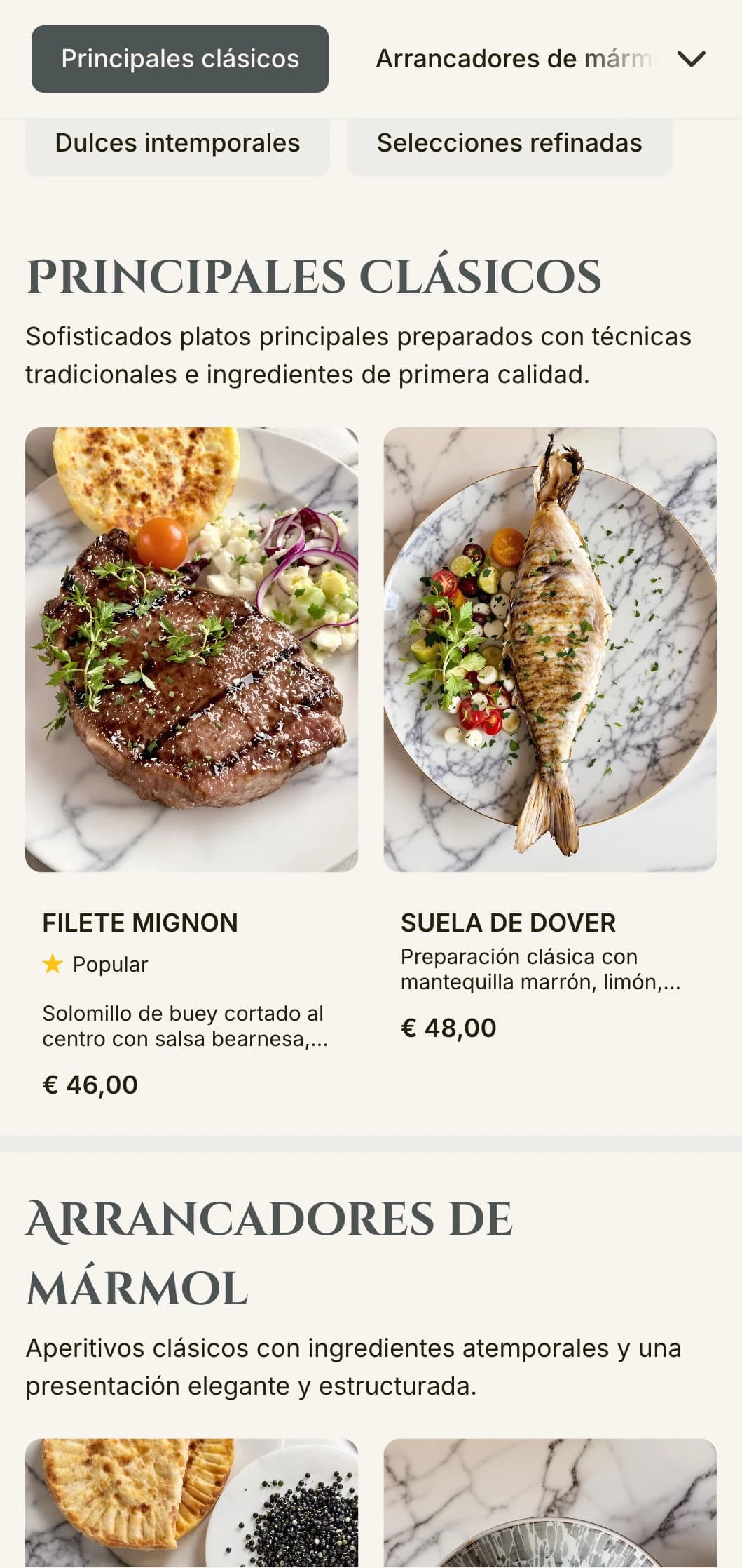 Un elegante menú de cena con texturas de mármol y elementos de diseño clásico, perfecto para establecimientos de restauración sofisticados.