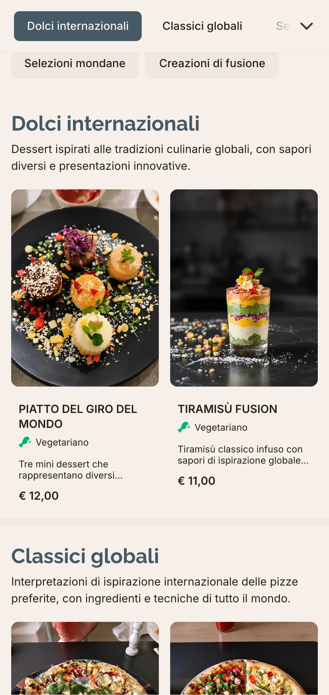 Menu di pizza fusion globale con design contemporaneo per combinazioni di sapori innovative.