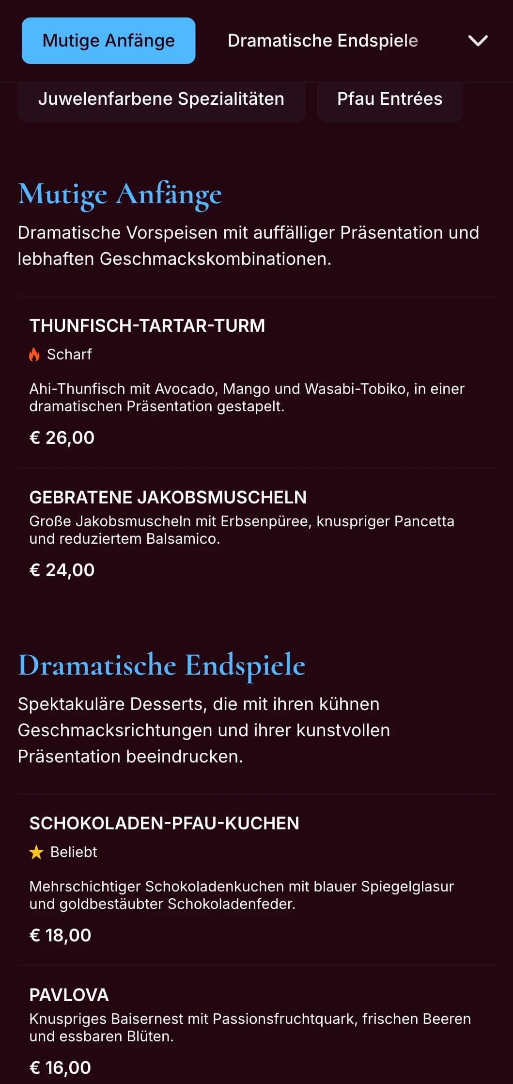 Ein auffälliges pfauenblaues Menü mit satten Juwelentönen und dramatischem Design, das für Restaurants mit kühnem Charakter entwickelt wurde.
