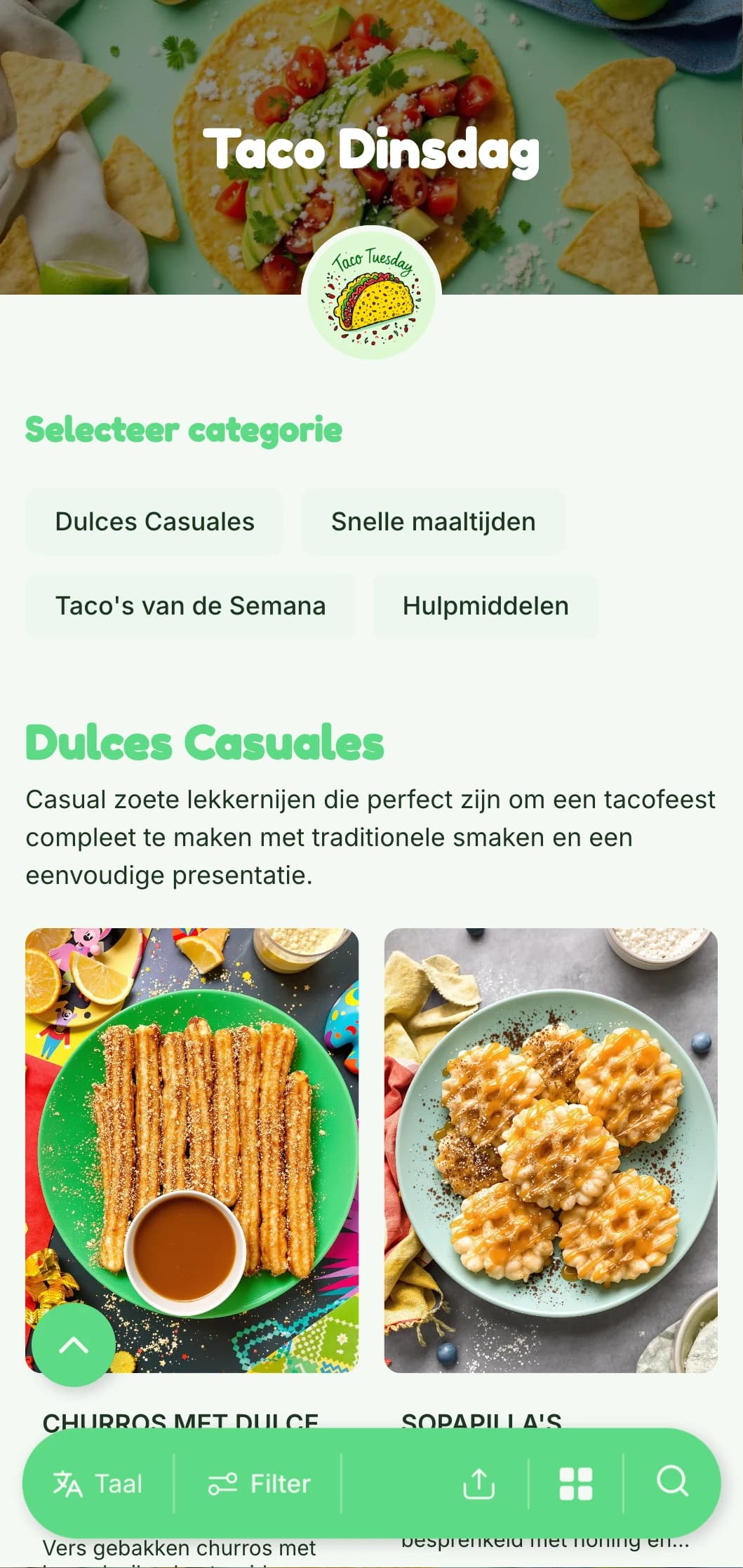 Leuk en ongedwongen taco-gericht menu met felgroene accenten, speelse illustraties en creatieve tacovariaties voor doordeweekse specials.