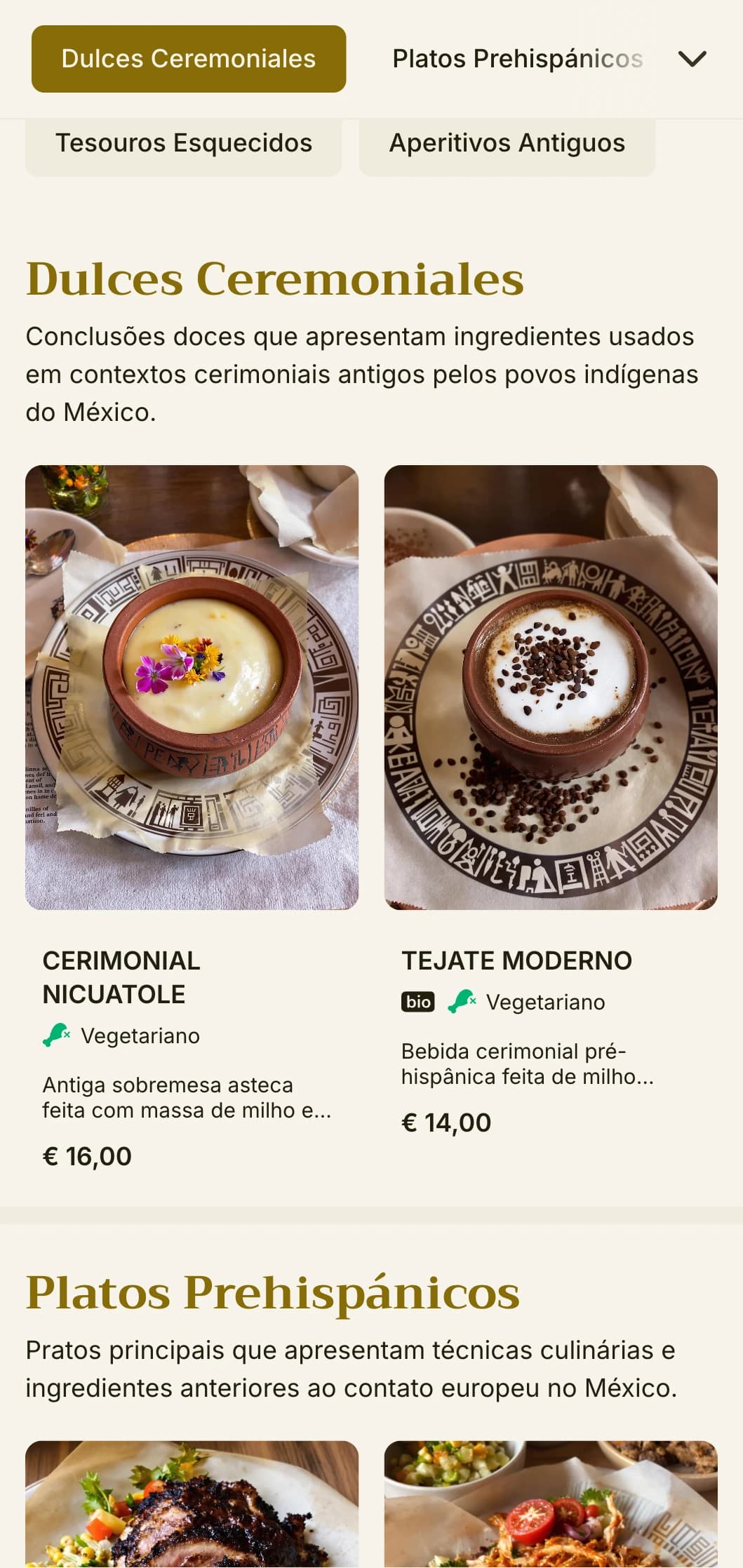Menu sofisticado e educativo com ingredientes mexicanos antigos, detalhes em ouro e técnicas de culinária pré-hispânicas.