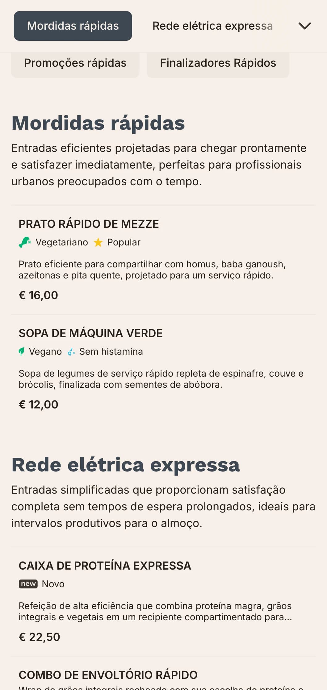 Design de cardápio de almoço eficiente e de inspiração urbana com tipografia arrojada e organização clara, ideal para restaurantes urbanos movimentados que atendem profissionais que trabalham e têm horário de almoço limitado.