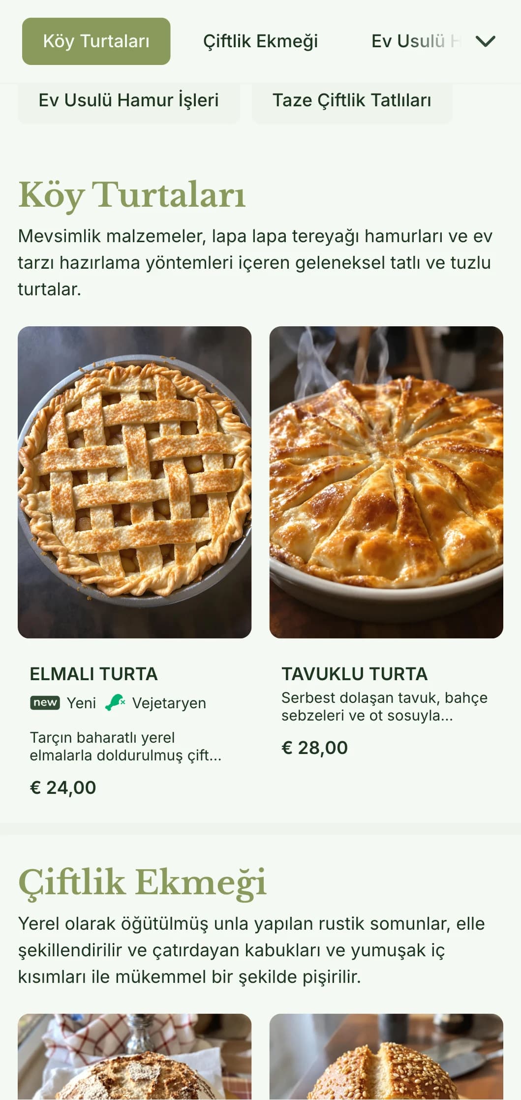 Sıcak yeşil tonları ve geleneksel tipografisi ile çiftlikten sofraya fırınlar ve ev tarzı dükkanlar için mükemmel, sade, kırsal bir fırın menüsü tasarımı.