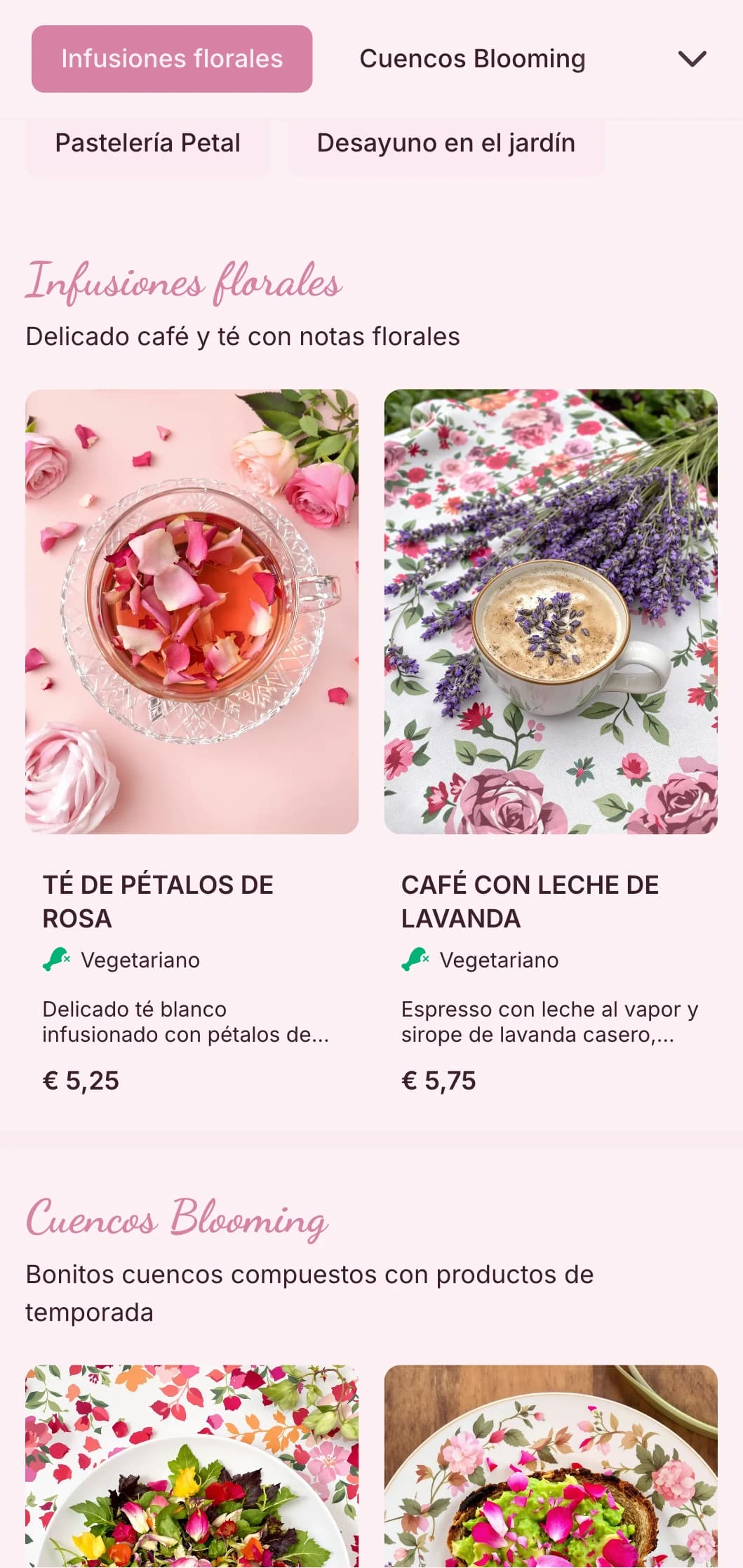 Diseño romántico en rosa con elementos florales para salones de té en jardines y cafeterías femeninas.
