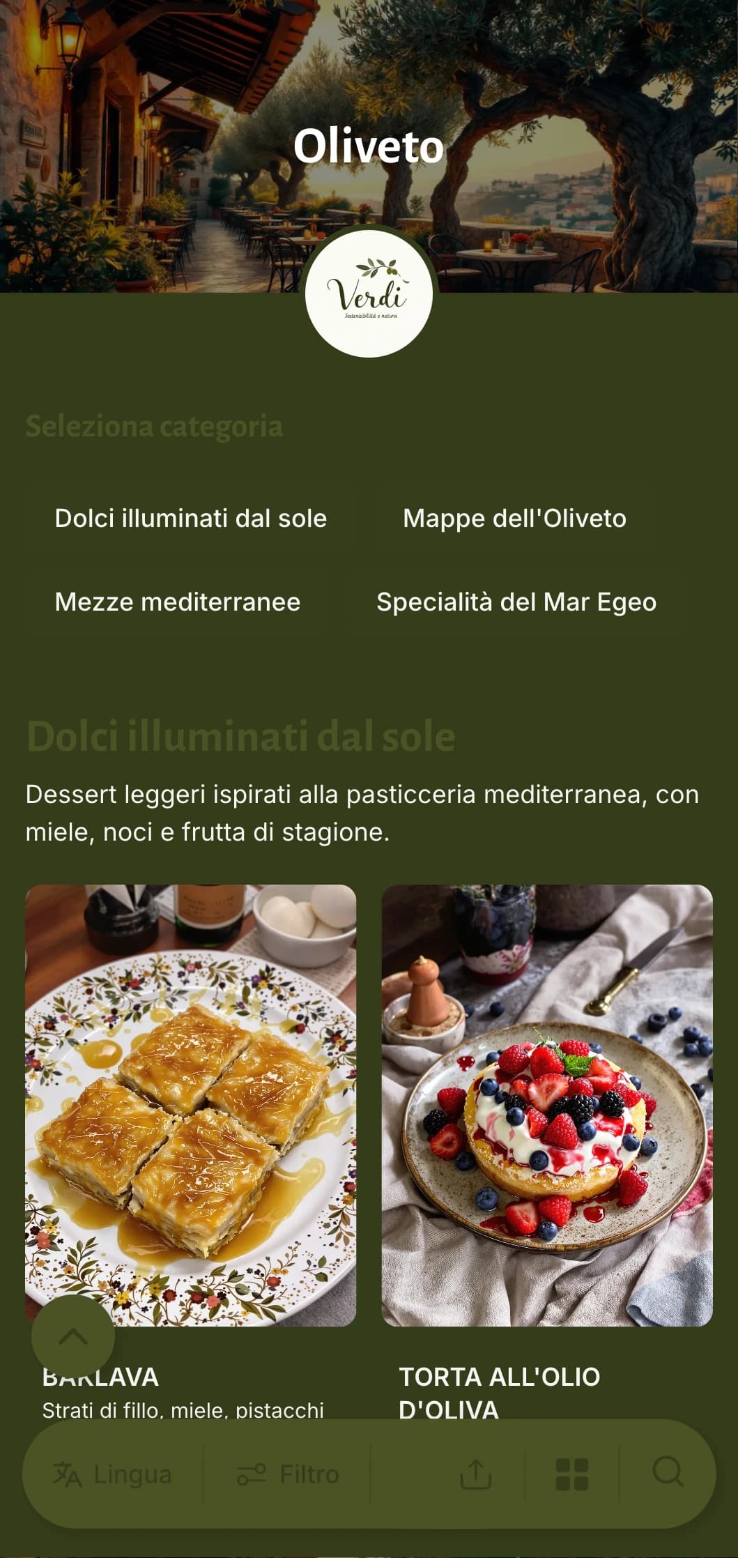 Un menu di ispirazione mediterranea con toni verde oliva ed elementi rustici, perfetto per la cucina greca o mediterranea.