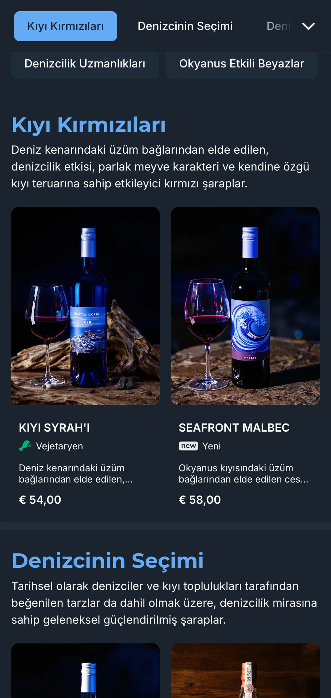 Canlı mavi vurgulara sahip Akdeniz esintili koyu renkli şarap listesi şablonu, akşam sahil restoranları ve deniz kenarı şarap deneyimleri için mükemmeldir.