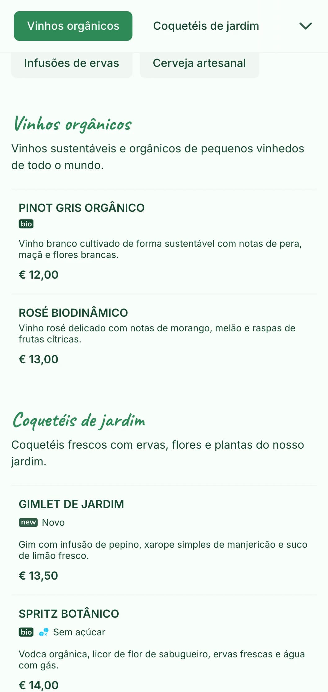 Design com tema verde fresco e elementos botânicos para bares e terraços de jardim.