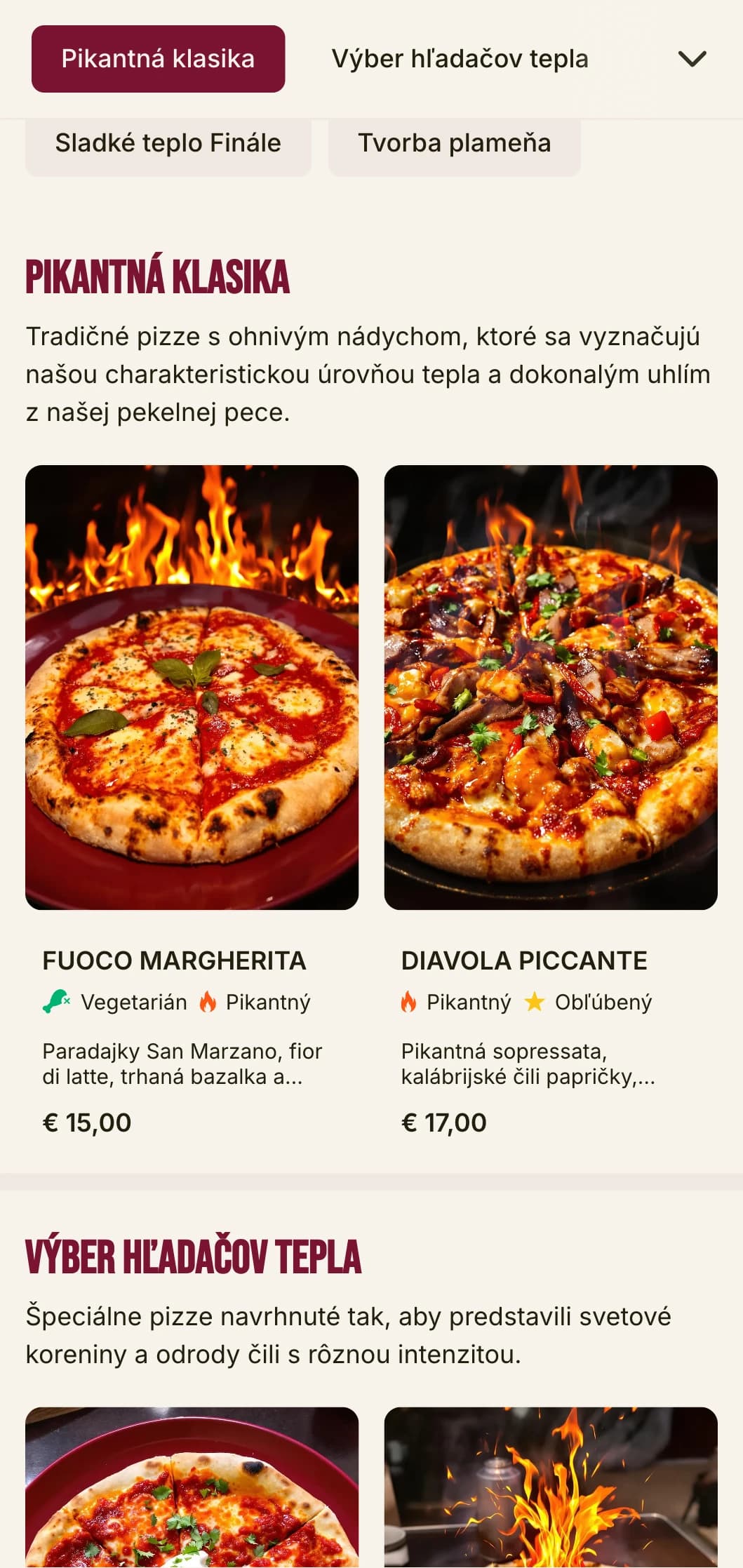 Energické menu pizze s výraznou typografiou a živými farbami pre špecialistov na pikantnú pizzu.