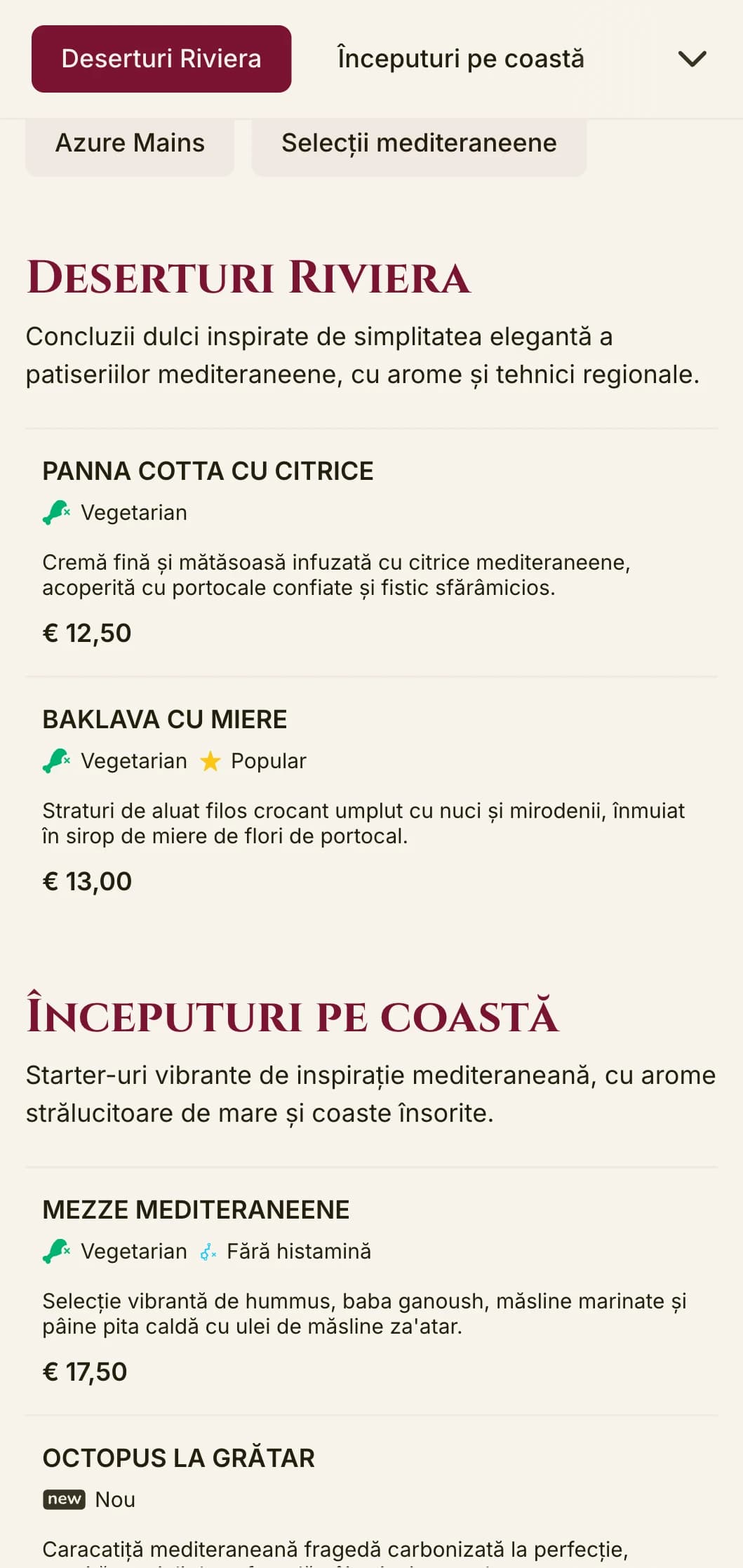 Meniu de prânz de inspirație mediteraneană, cu accente vibrante și aspect elegant, perfect pentru restaurante de lux de pe litoral și destinații de vacanță.