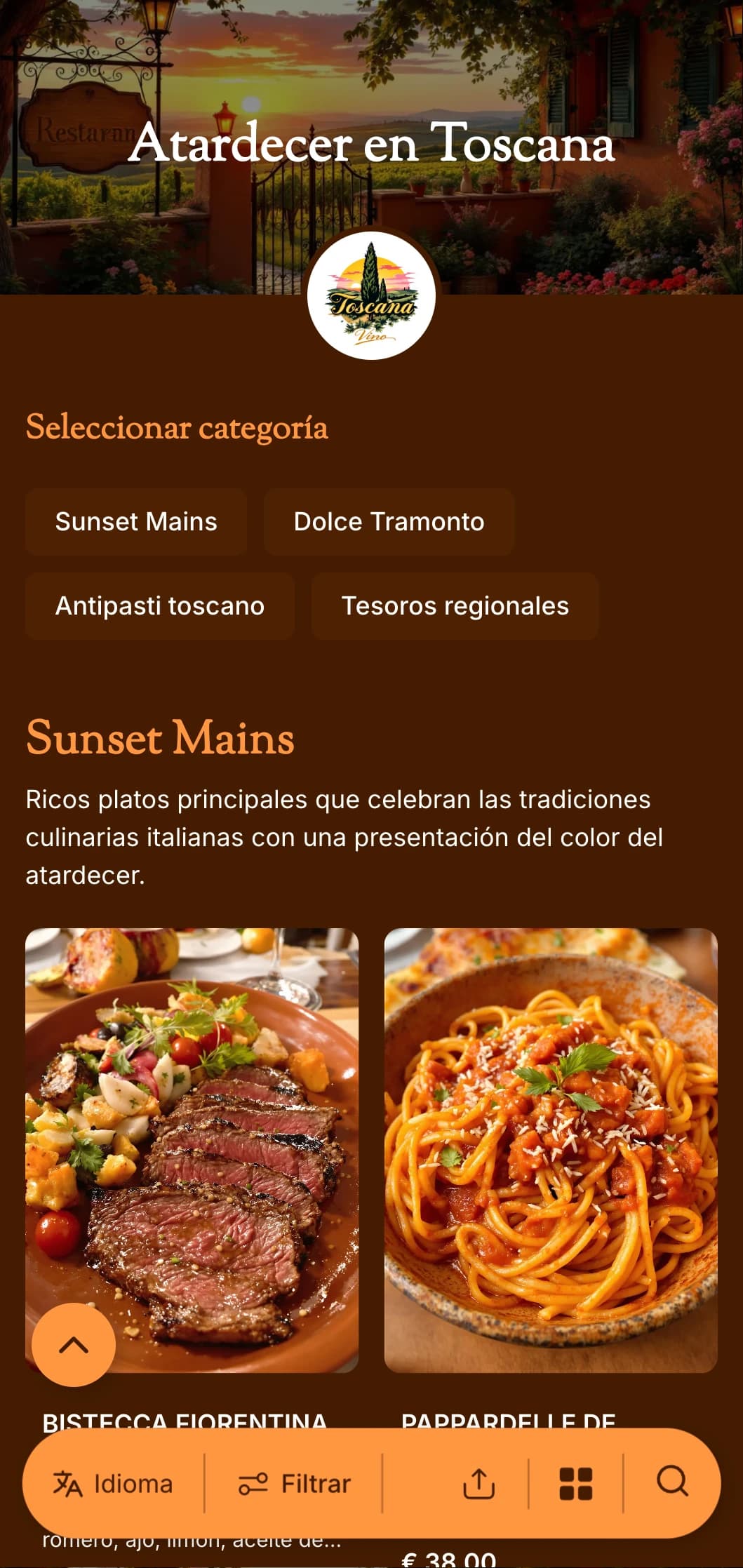 Un menú cálido, inspirado en la Toscana, con tonos terracota y elementos de diseño italianos, perfecto para auténticos restaurantes italianos.