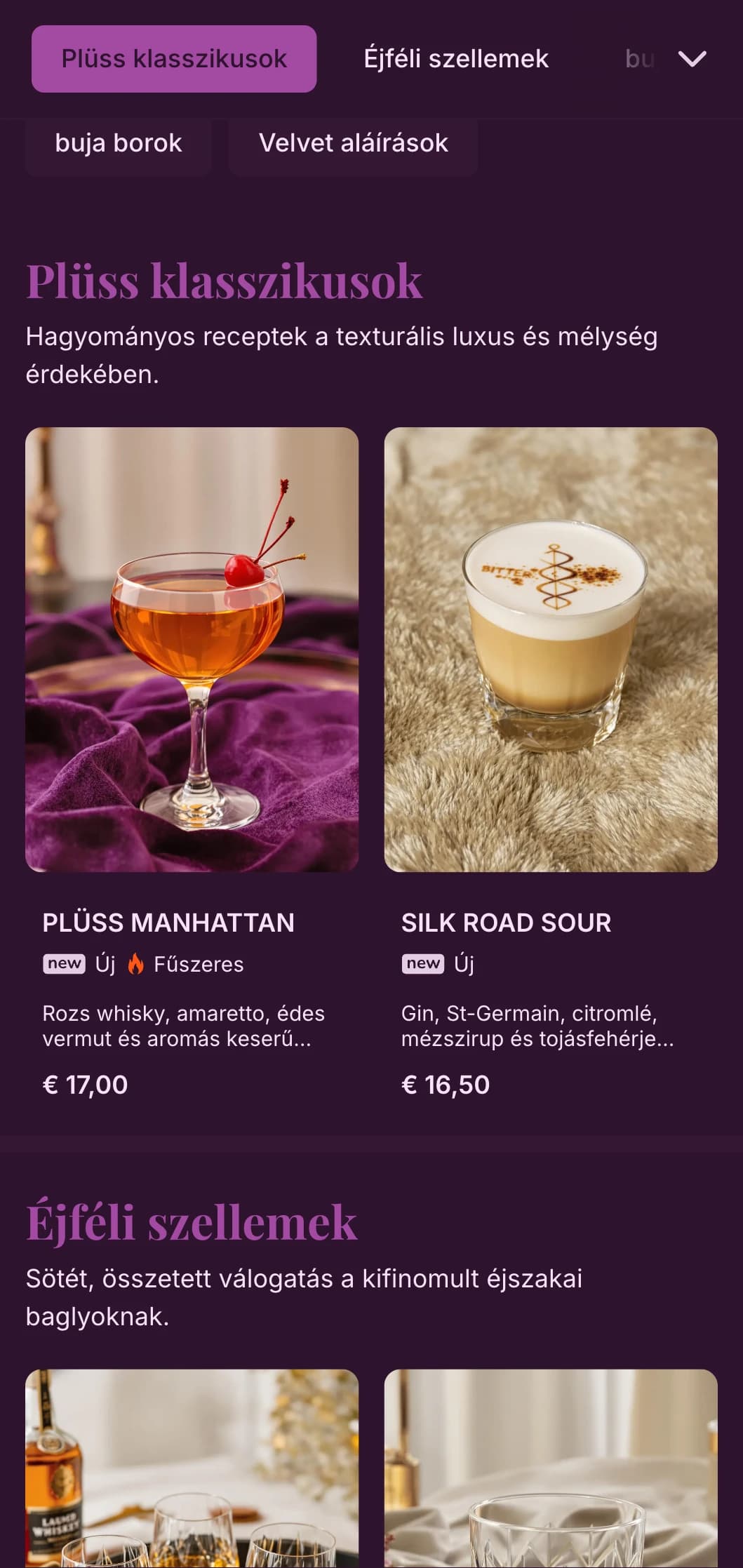 Fényűző lila design bársony textúrákkal intim speakeasy helyszínekre.