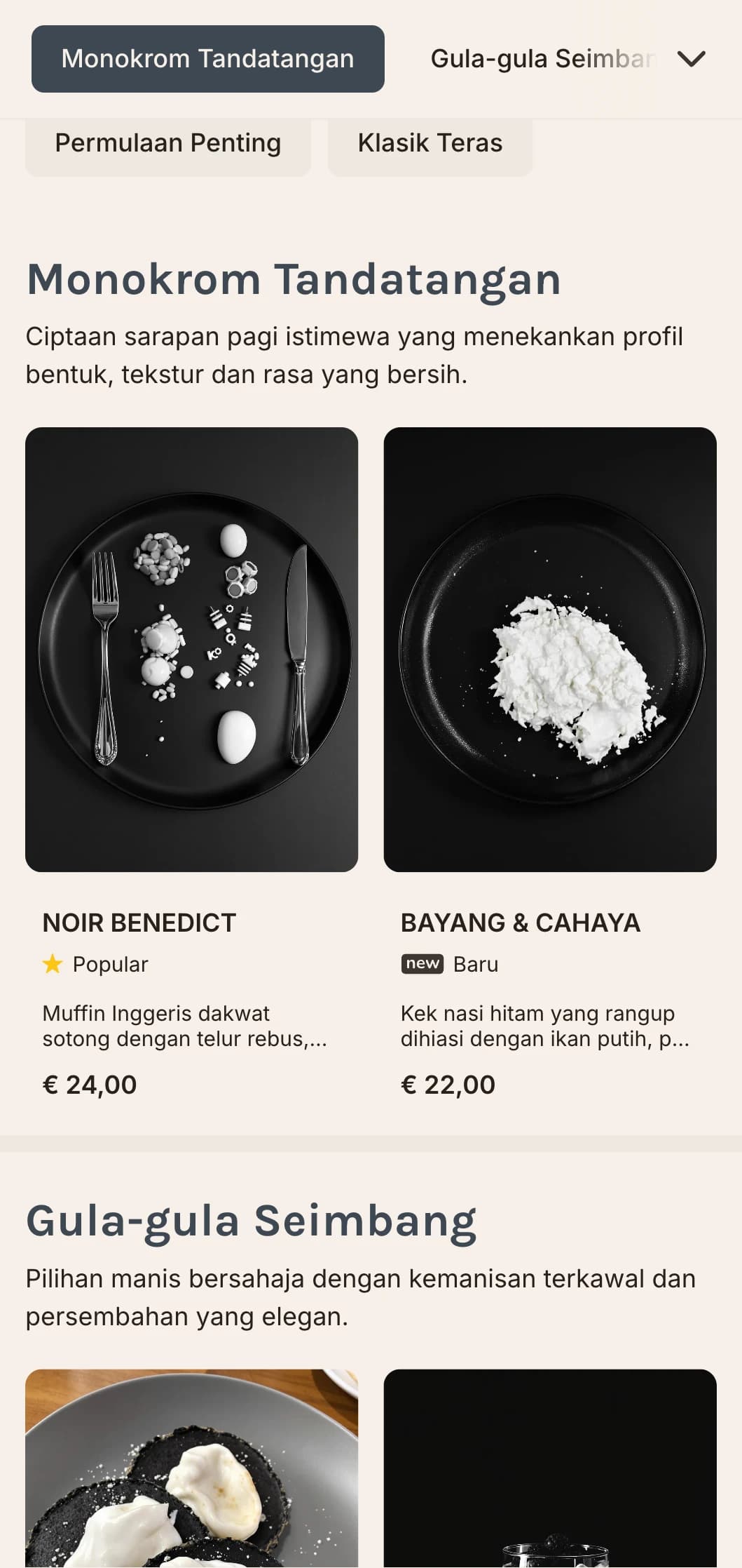 Pilihan sarapan yang anggun dan bergaya disajikan dalam palet monokromatik yang menarik untuk restoran yang mementingkan reka bentuk.