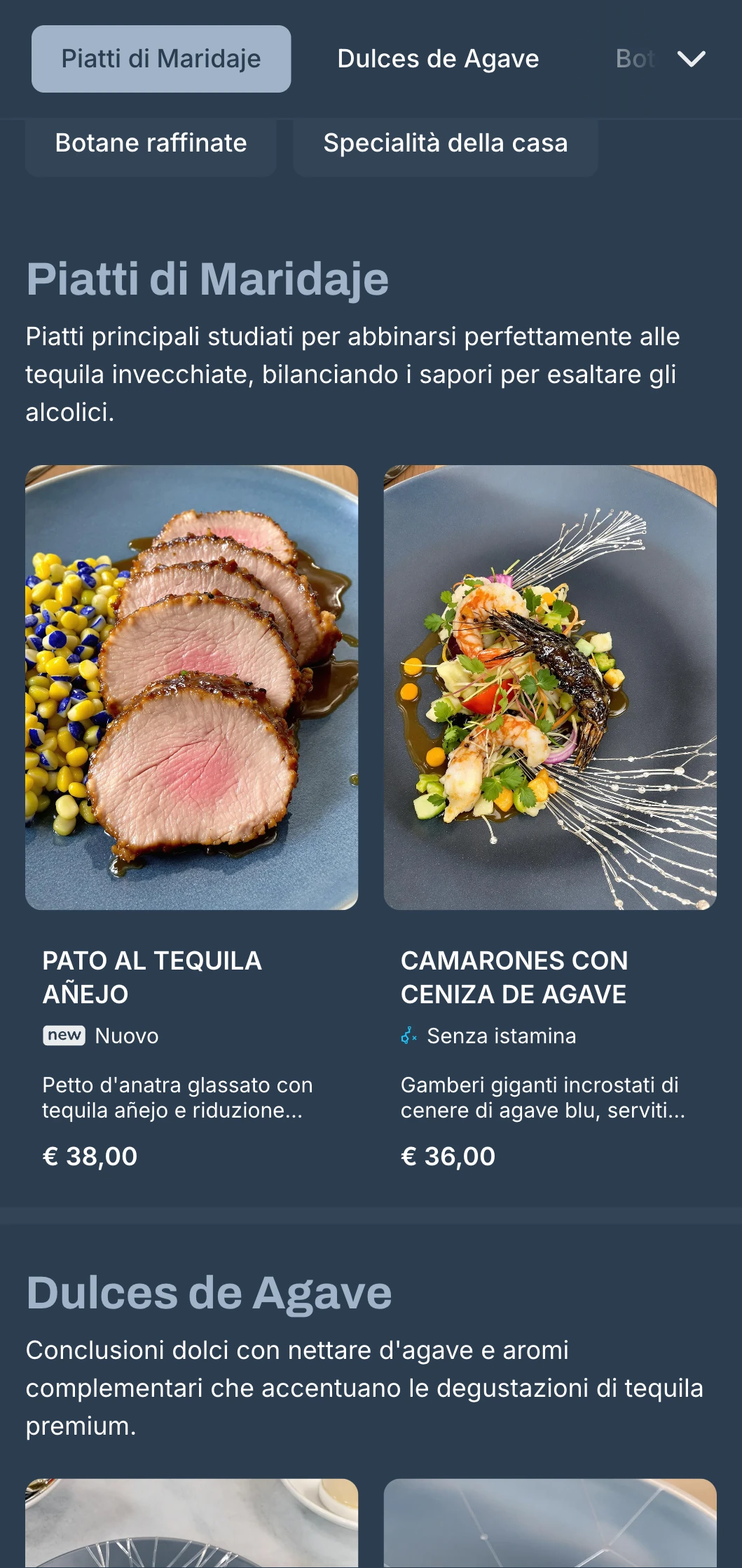 Elegante e raffinato menu da tequila bar con toni argentati e grigio-blu, liquori di prima qualità e sofisticati piccoli piatti messicani.