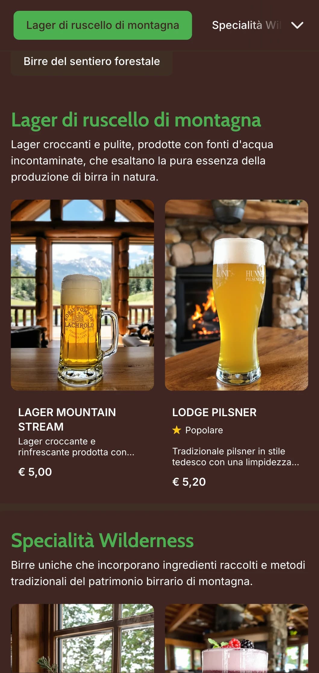 Design rustico e caldo ispirato alle baite di montagna, con texture di legno ed elementi esterni per birrerie a tema selvaggio.