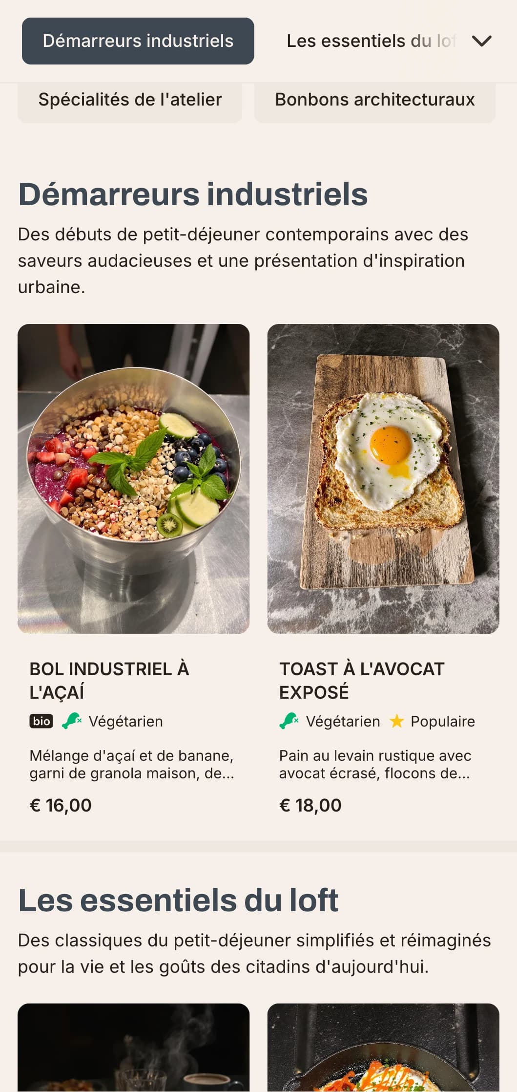 Des options matinales d'inspiration industrielle avec des ingrédients inattendus et des plats contemporains pour les aventuriers urbains.