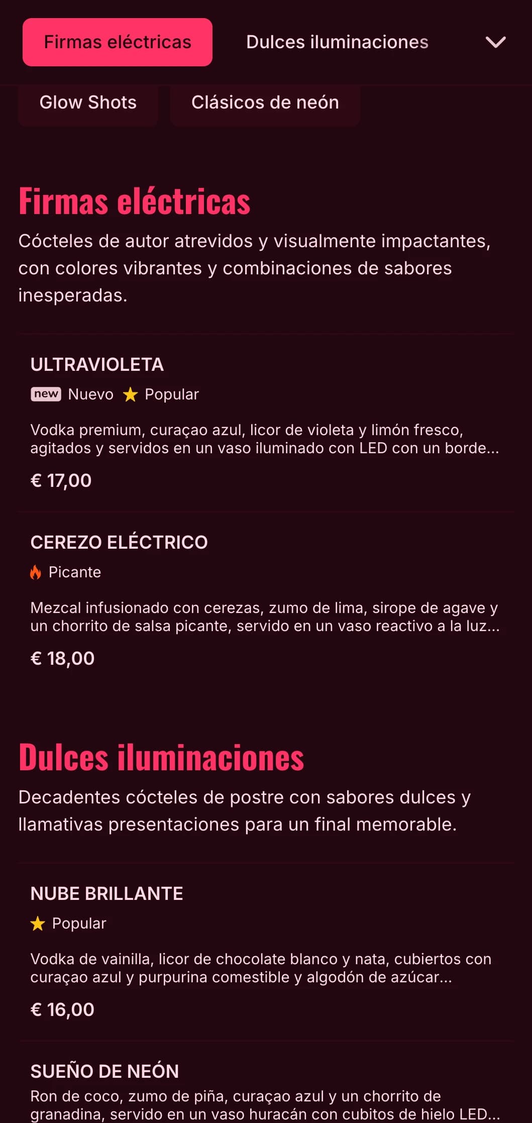 Un diseño de menú atrevido y vibrante inspirado en la vida nocturna de neón, perfecto para bares de cócteles y clubes nocturnos contemporáneos.